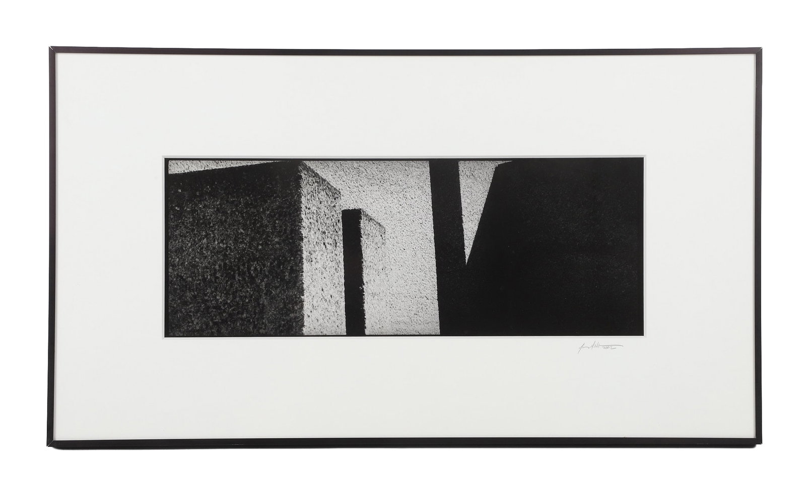 Jim Graham, Delaware/Pennsylvania b.1959, Paris, 2002, Silver print.: Jim Graham Delaware/Pennsylvania, b.1959 Paris, 2002 Silver print. A dramatic panoramic and textural detail in a shadow. Pencil signed. Label affixed on obverse. Size - sight: 6.75" H x 18.25" W; fram