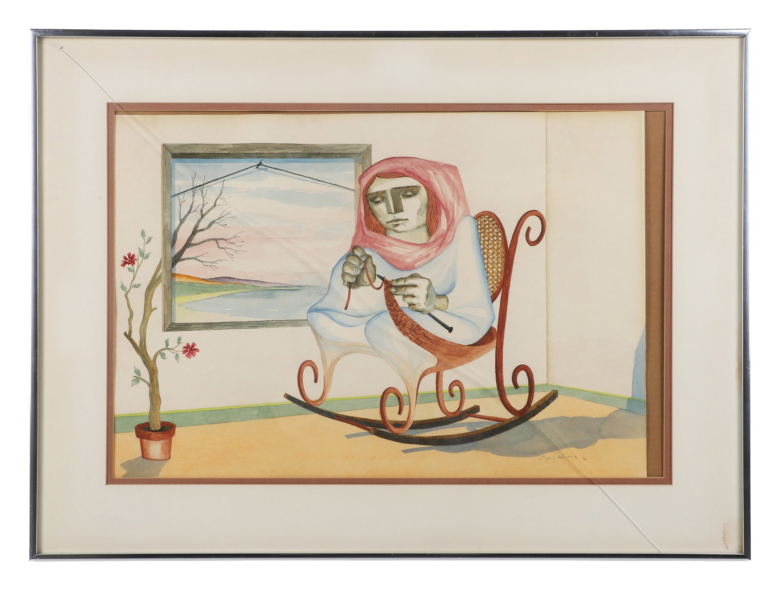 Jorge Dumas (Uruguay, 1928-1985): Jorge Dumas (Uruguay, 1928-1985) Cubist watercolor on paper of a woman knitting and sitting in a rocker in front of a window, signed lower right "Jorge Dumas '71", 15-1/2" x 23-1/4" sight, framed 22-1
