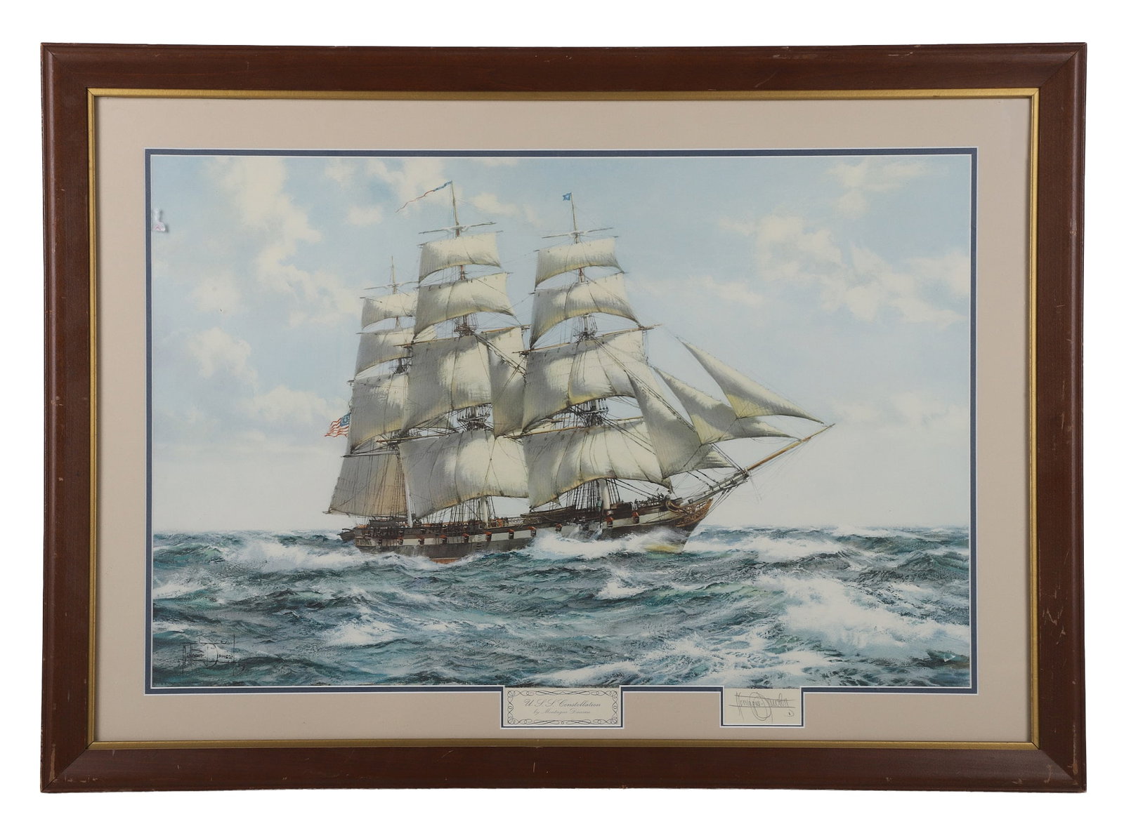 Montague Dawson Maritime Lithograph: Montague Dawson Maritime Lithograph A depiction of the USS Constellation at sea. Pencil-signed lithograph. Framed under glass. 19" H x 29.5" W mat, 26.75" H x 37.25" W frame.
