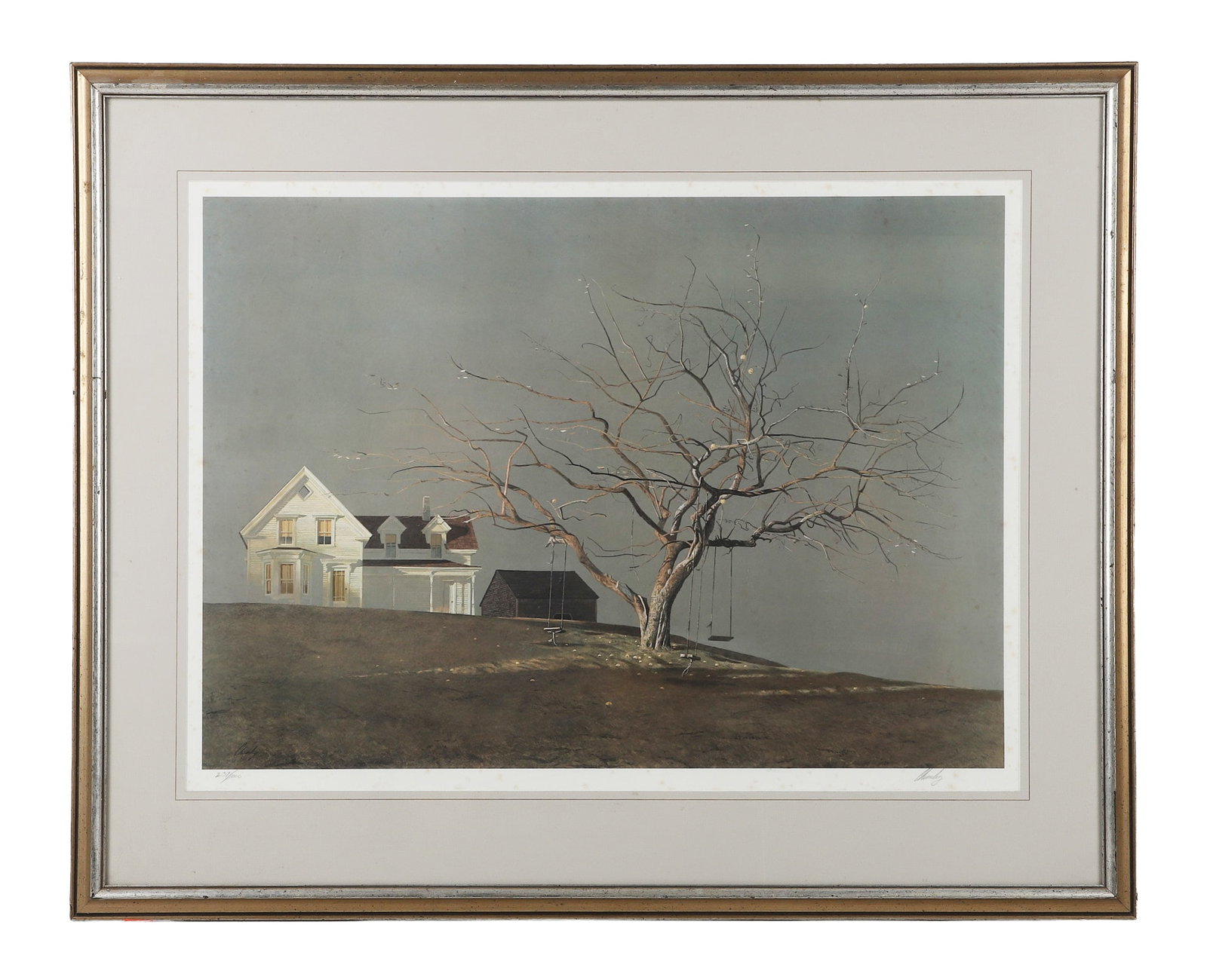 John Wesley Chumley Signed Lithograph: John Wesley Chumley Signed Lithograph "Three Swings" numbered 237/1000. Framed under glass. Pencil-signed. 19.5" H x 27" W mat, 27.25" H x 34.25" W frame.