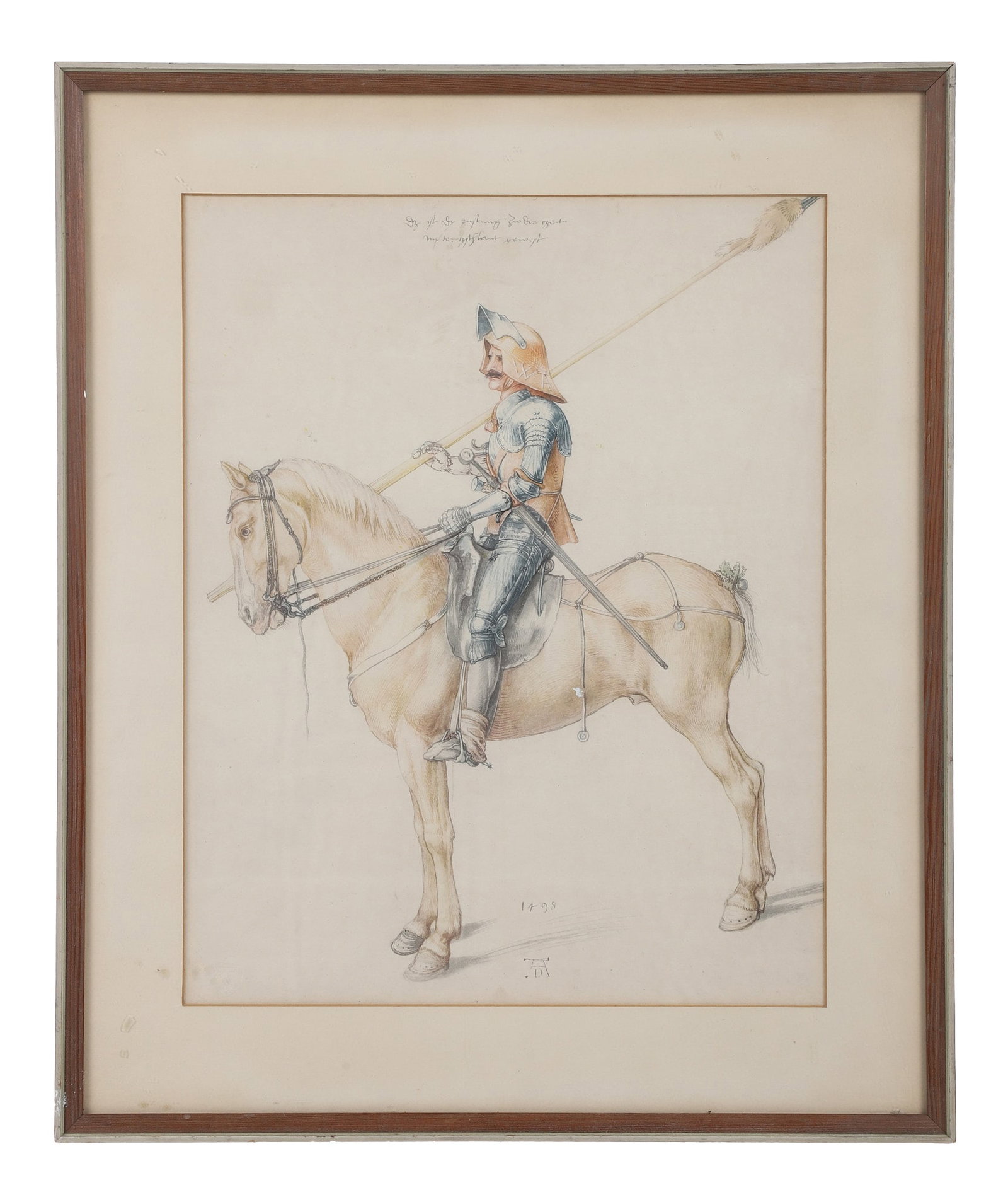 Print after Albrecht Durer, Knight on Horseback: Print after Albrecht Durer, Knight on Horseback Framed vintage print c.1930, after the 1498 watercolor painting by Albrecht Durer (1471-1528) titled: A Knight on Horseback. Framed under glass. 16" H x
