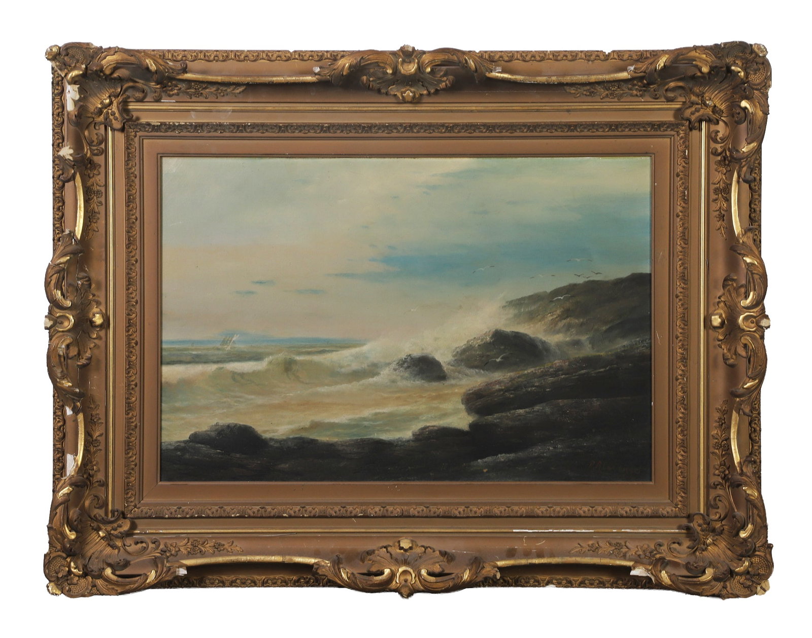 Antique Coastal Painting Signed R. Alexander: Antique Coastal Painting Signed R. Alexander Early 20th C oil on canvas painting of crashing waves on a rocky shore. Framed in a gesso-over-wood frame (with losses noted) and signed in the lower-right