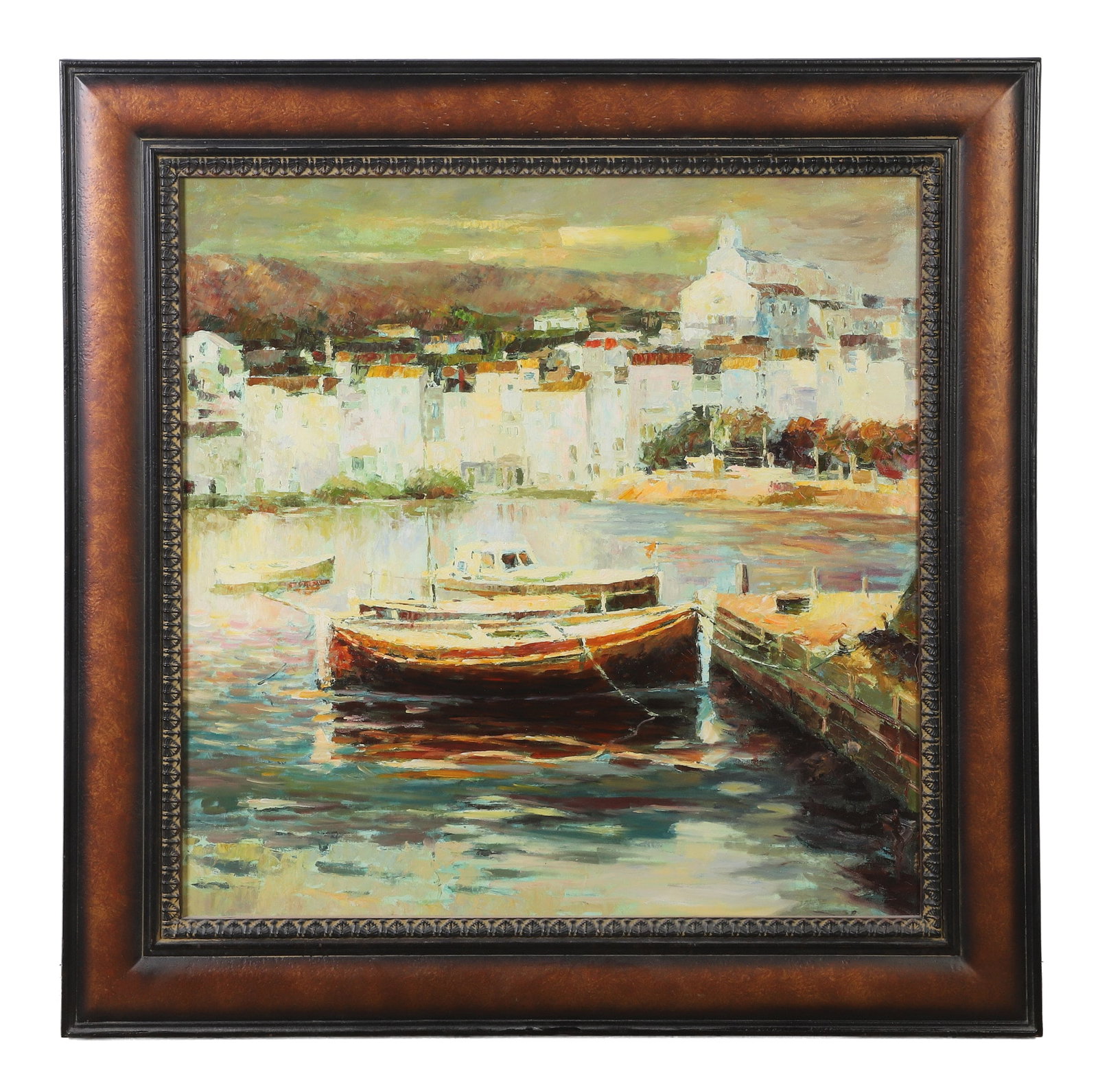 Decorative Large-scale Coastal View Giclee Print: Decorative Large-scale Coastal View Giclee Print A vibrant modern impressionist-style vignette of a Mediterranean harbor town with fishing boats at the dock. 35.5" H x 35.5" W, sight, 46.5" H x 46.5" 