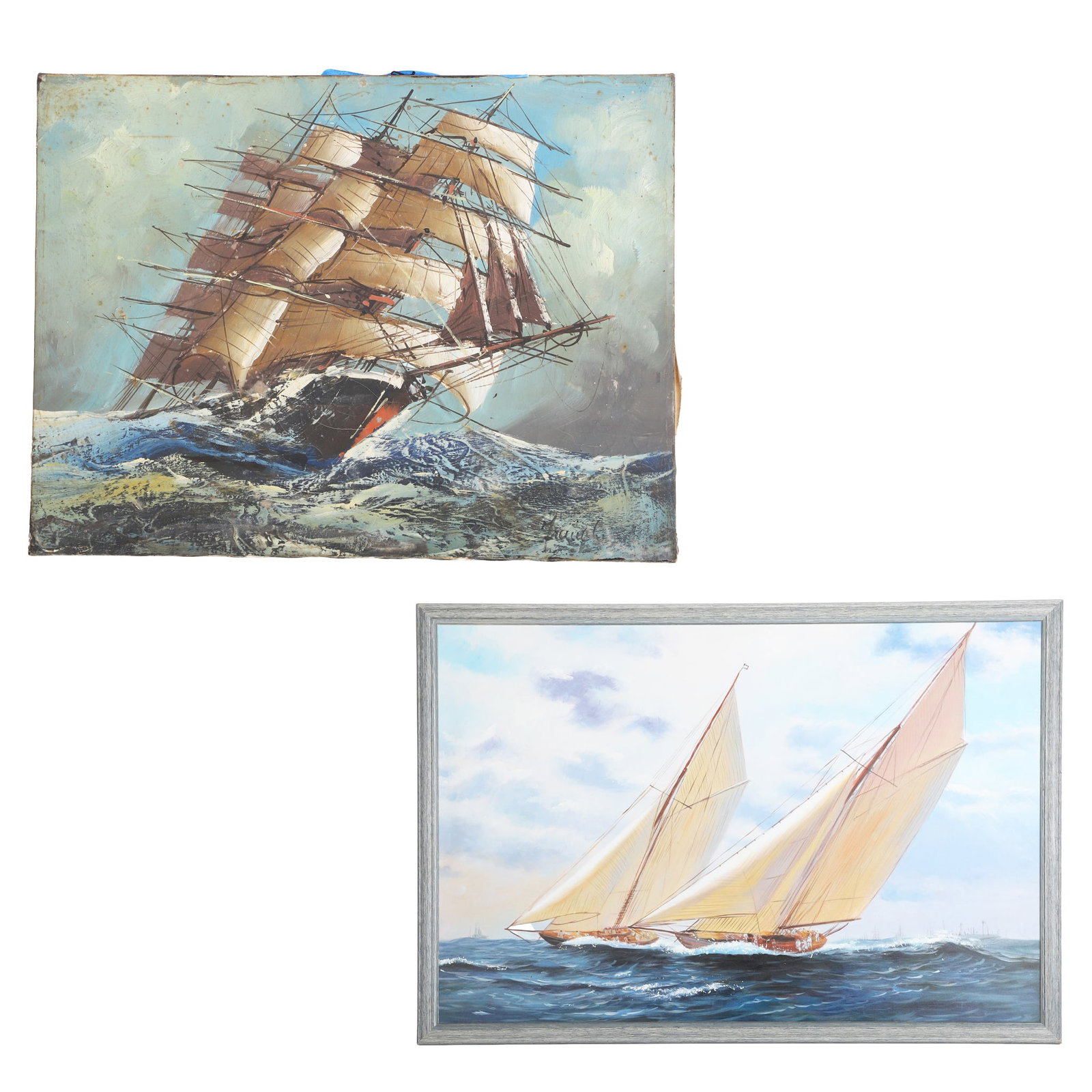 (2) Decorative Nautical Maritime Works: (2) Decorative Nautical Maritime Works Consisting of a Yacht Race giclee print with brush stroke embellishments, 23.5" H x 35.5" W, sight, 26" H x 38" W, frame, and an unframed Tall Ship on the High S