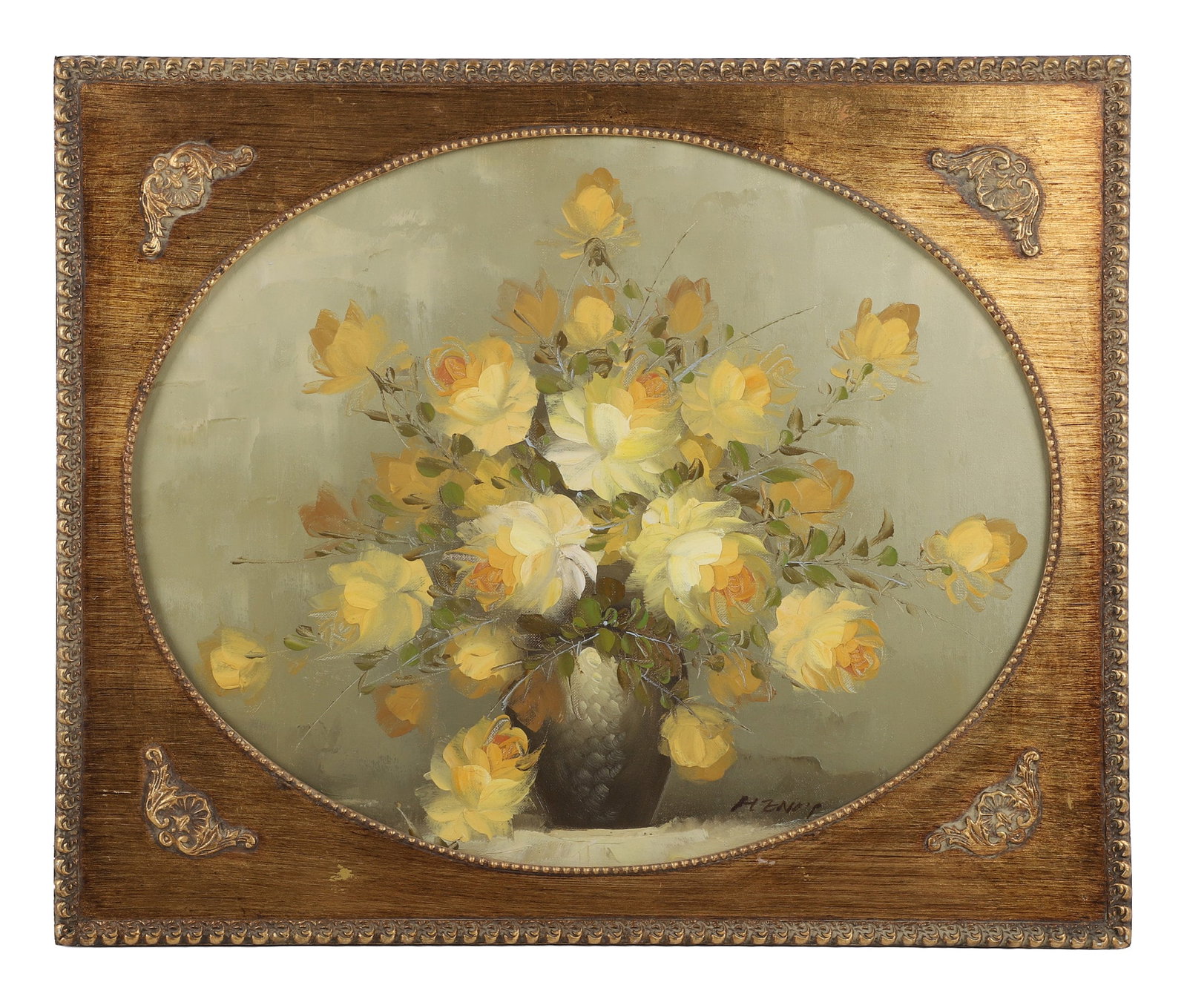 20th Century Floral Still Life Painting: 20th Century Floral Still Life Painting A vase teeming with roses painted on masonite board in a gesso-applied panel frame. Unknown artist, signed illegibly in the lower right quadrant. 19" H x 23" W 
