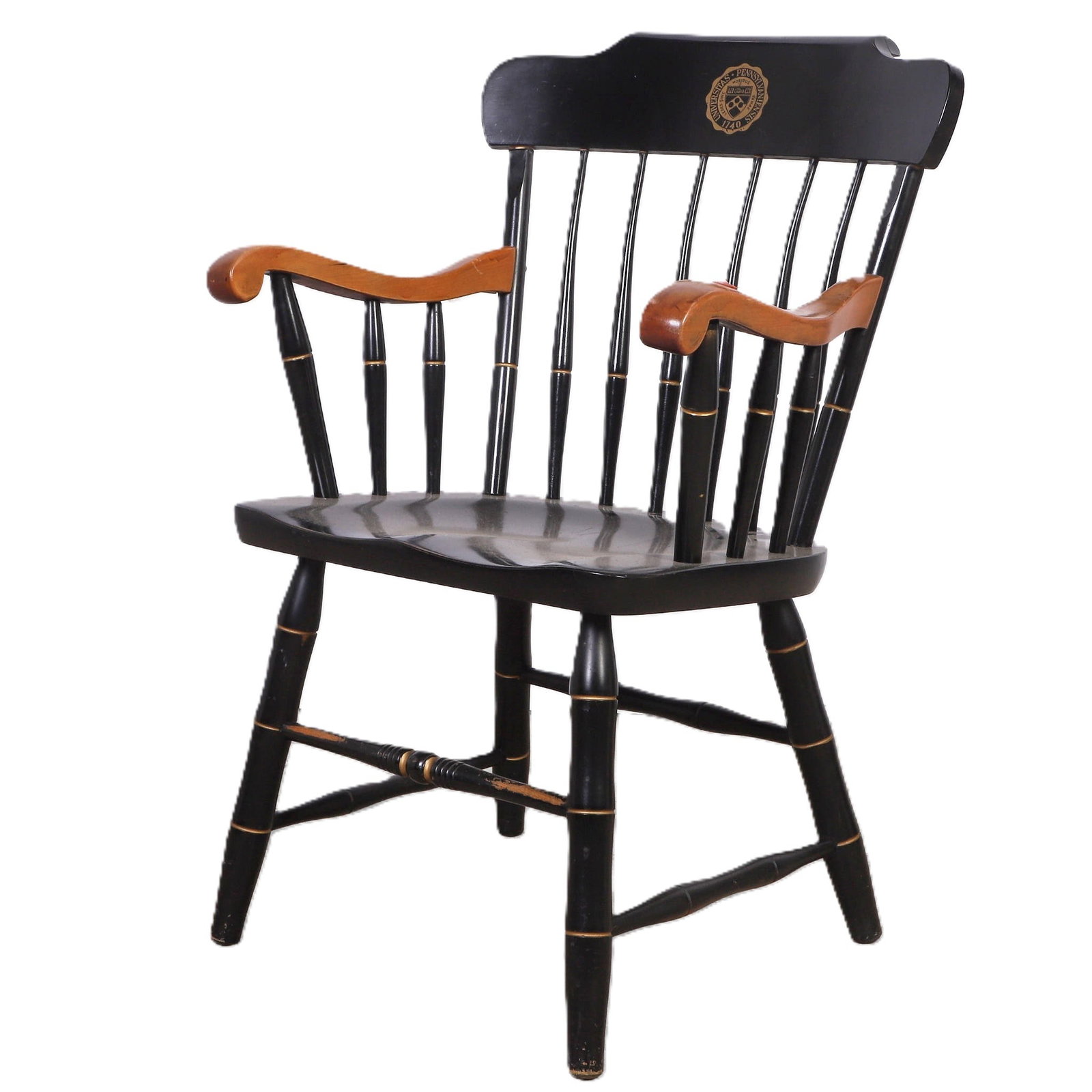 University Of Pennsylvania Commemorative Windsor-Style Chair: University Of Pennsylvania Commemorative Windsor-Style Chair University Of Pennsylvania Commemorative Windsor-Style Chair, black painted chair with gilt pinstriping, shaped crest rail with University 