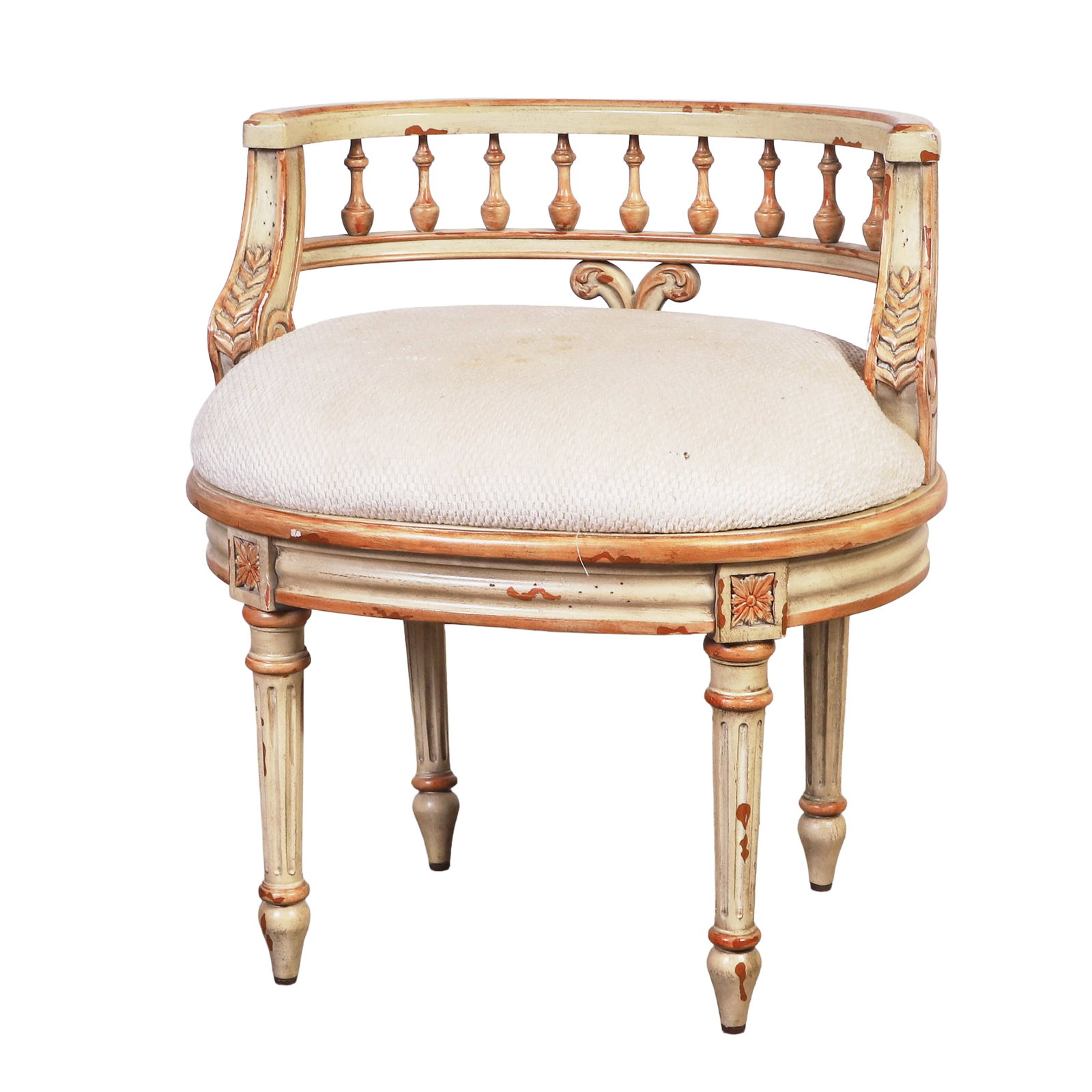 Kati Curtis Vanity Accent Chair: Kati Curtis Vanity Accent Chair Vanity Accent Chair, painted and distressed neoclassical style frame with upholstered seat, designed by New York interior designer Kati Curtis, 24" h x 21" w x 16"d (so