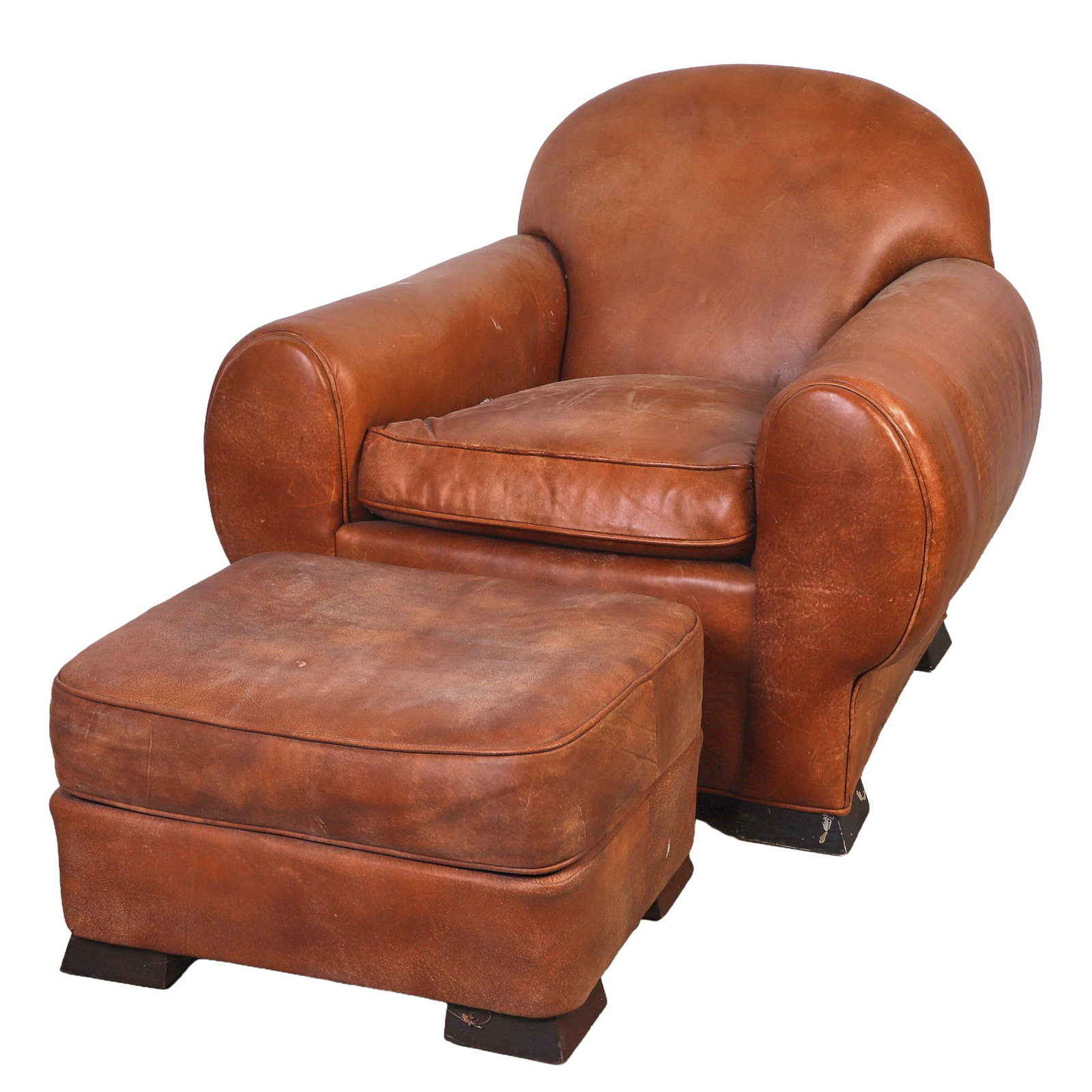 J.J. Hyde Co. Leather Club Chair and Matching Ottoman: J.J. Hyde Co. Leather Club Chair and Matching Ottoman J.J. Hyde Co. Leather Club Chair and Matching Ottoman, manufactured by J Edwards Group Newton North Carolina, both chair and ottoman upholstered i