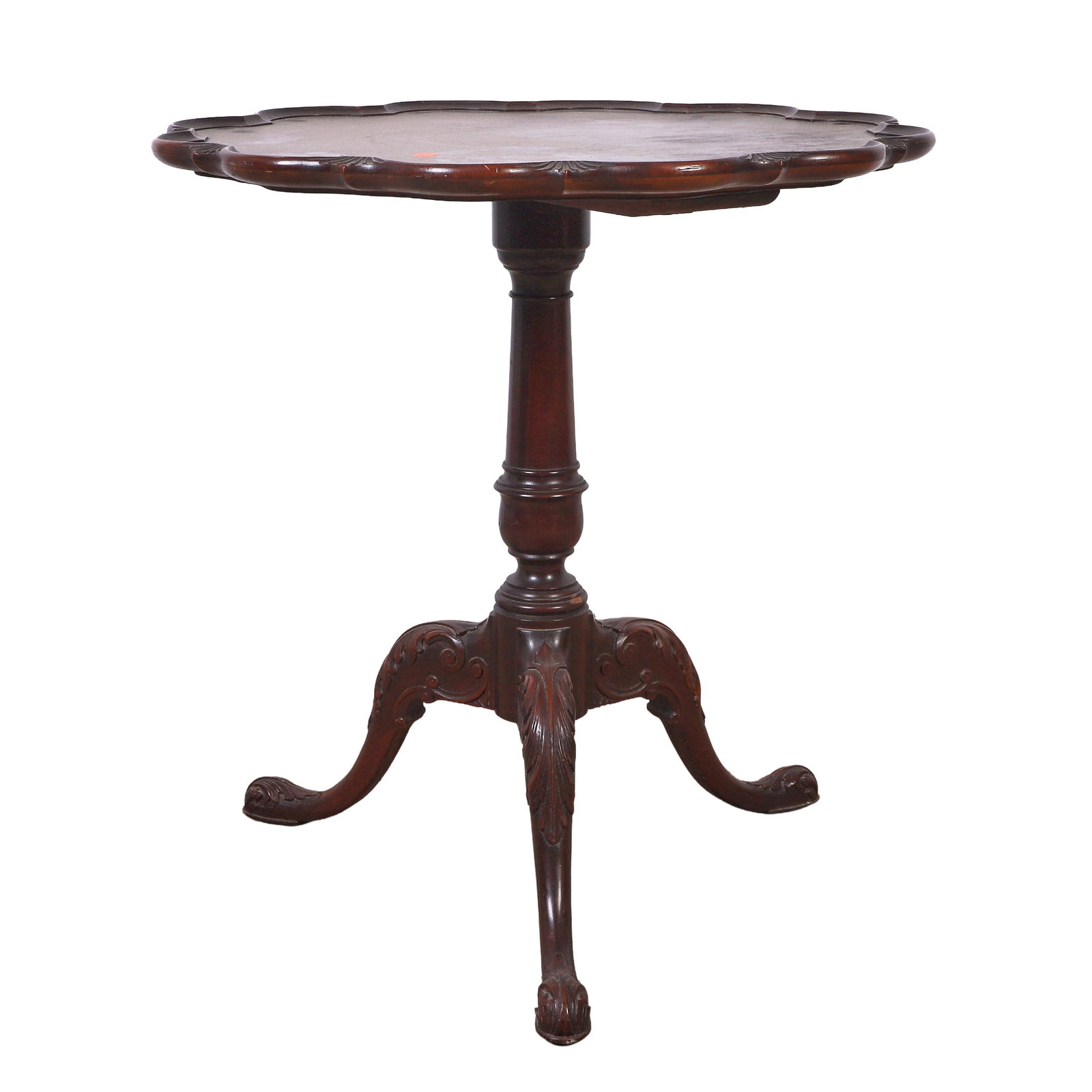 Grand Rapids Furniture, Chippendale Style Pie Crust Table: Grand Rapids Furniture, Chippendale Style Pie Crust Table Tripod mahogany tea table on balustrade post over acanthus-carved knees and matching carved feet. Bearing a brass label on the underside.