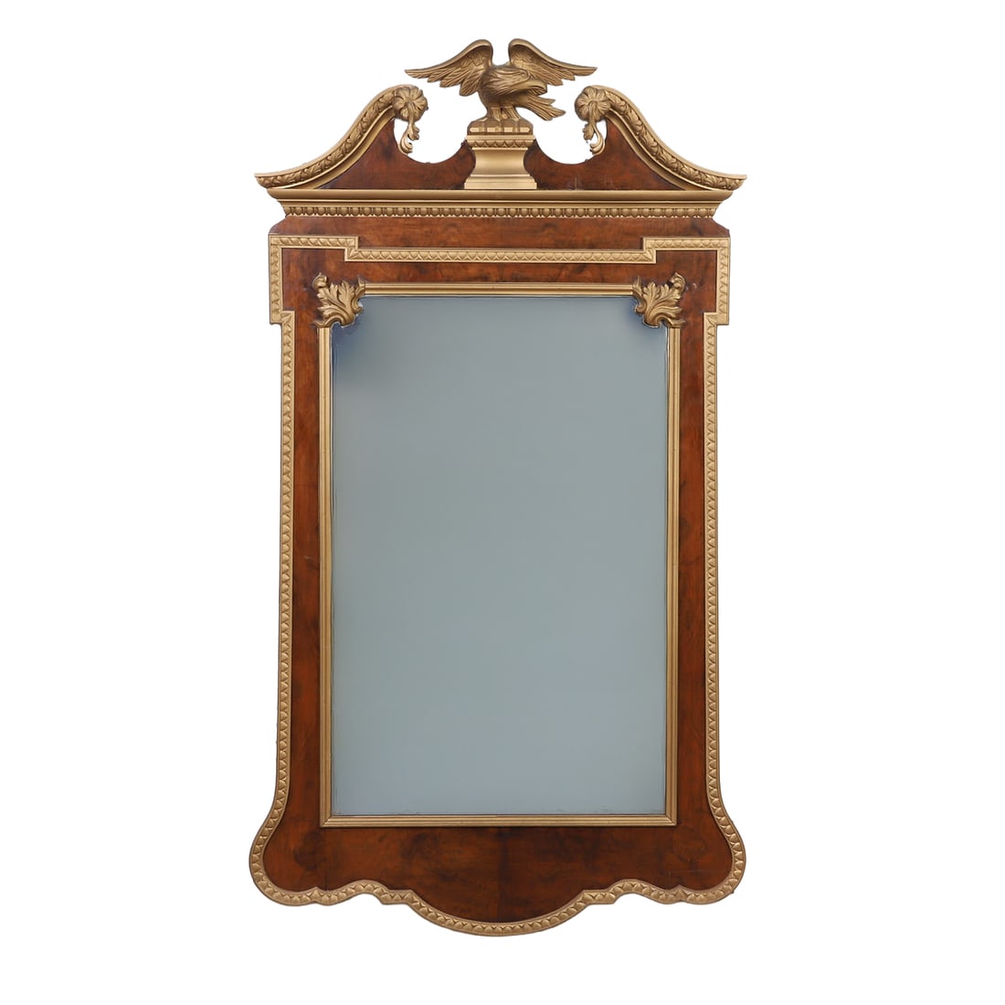 Chippendale Style Federal Eagle Mirror: Chippendale Style Federal Eagle Mirror Parcel gilt mahogany frame mirror with broken arch pediment flanking a carved eagle. 50.5" H x 28.5" W