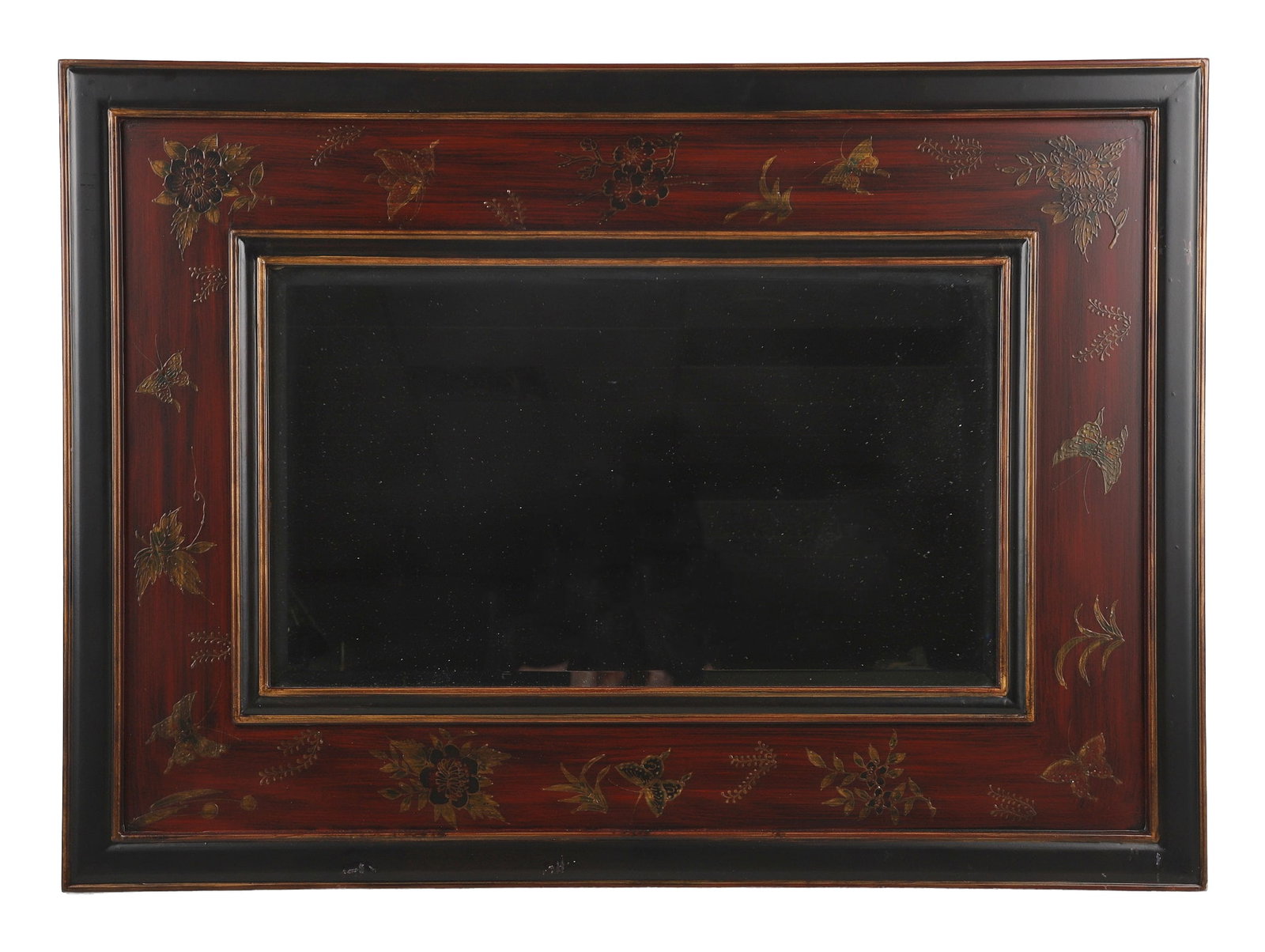 Decorative Chinoiserie Style Mirror: Decorative Chinoiserie Style Mirror Black and red lacquer frame with butterfly and floral motifs on a beveled mirror. 40" H x 29" W