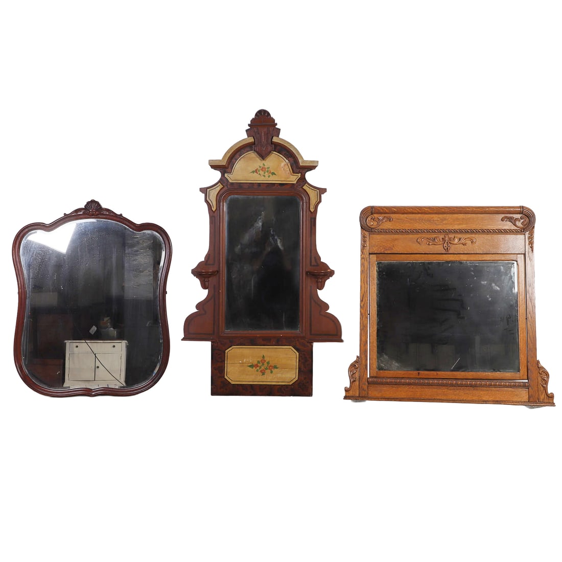 (3) Antique Dresser Mirrors: (3) Antique Dresser Mirrors ACarved oak dresser mirror, mirror set within carved frame with foliate design and scrollwork corners, 41 1/2" h x 37" w and a Eastlake style paint decorated and grain
