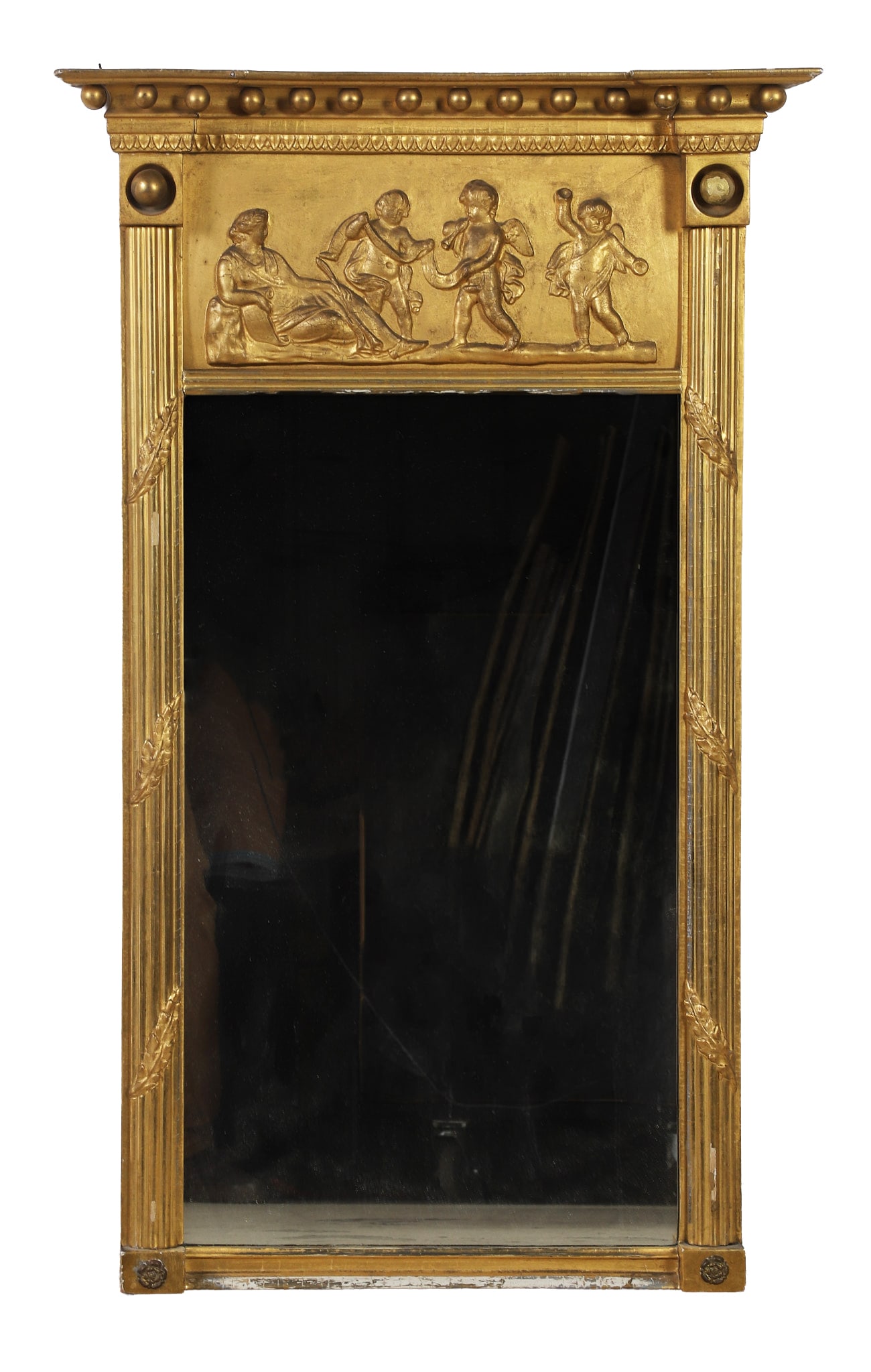 Antique 19th C English Regency Pier Mirror: Antique 19th C English Regency Pier Mirror Gilded gesso over wood frame with bas-relief carved panel with cherubs, or putti, at the service of a maid. Newer mirror flanked by reeded pilasters and topp