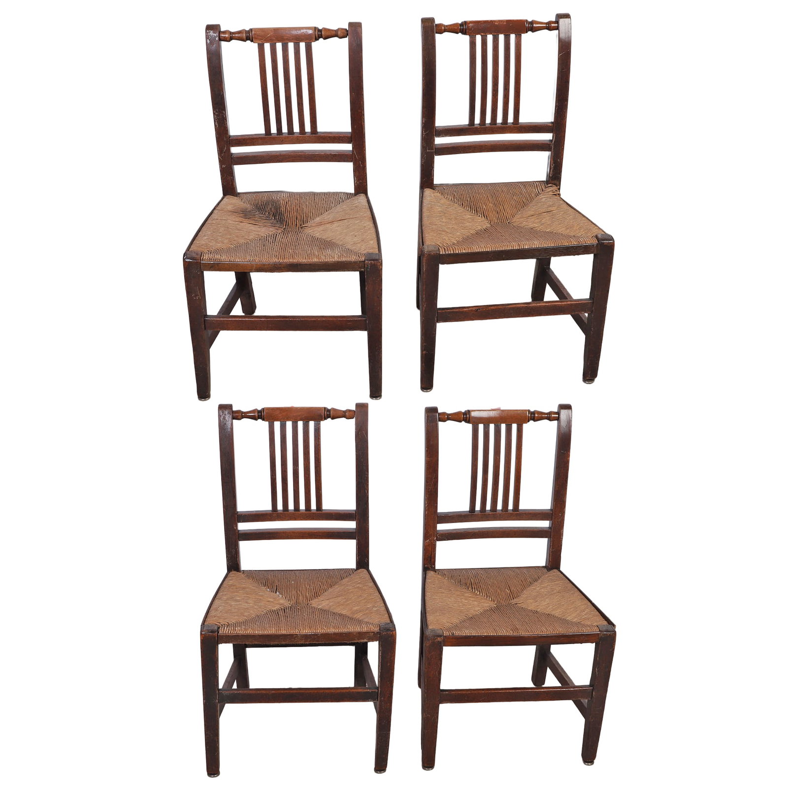 (4) Set of Four English Style Slat Back Rush Seat Chairs: (4) Set of Four English Style Slat Back Rush Seat Chairs Set of Four English Style dining chairs, vertical slat backs and woven rush seats, raised on square legs joined by stretchers, 33"h x 16" w x 1