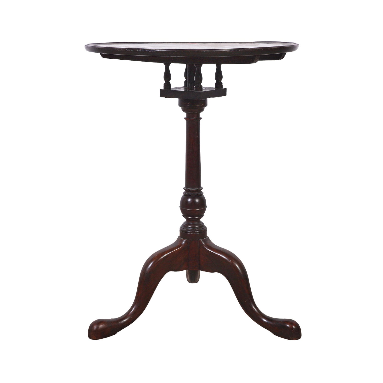 Georgian Revival Dish Top Tilt Top Tea Table: Georgian Revival Dish Top Tilt Top Tea Table Fine reproduction mahogany table with birdcage swivel. Dish top sits on a turned balustrade post over paw feet. 29" H x 21.5" diameter. Open height: 40.5"