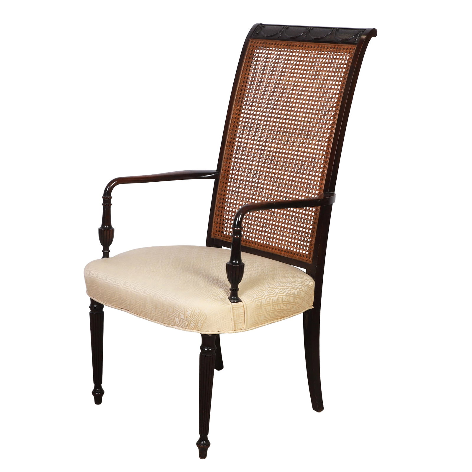 Edwardian Neoclassical Style Open Armchair: Edwardian Neoclassical Style Open Armchair Carved mahogany reeded leg chair with urn-form element at the base of the arm and garland swags on the yoke. The seat is upholstered in a Greek key satin fab