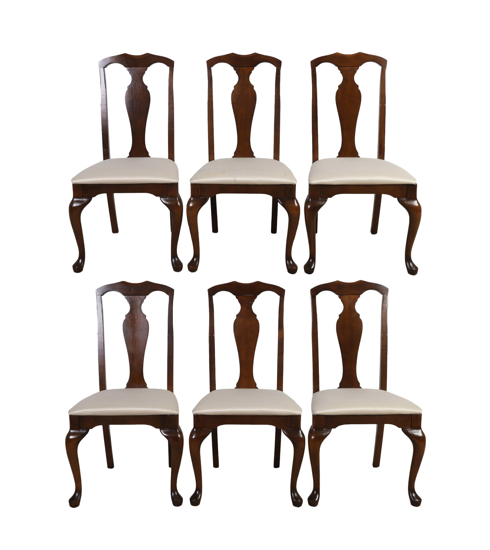 (6) Set Of Queen Anne Style Carved Dining Chairs: (6) Set Of Queen Anne Style Carved Dining Chairs (6) Queen Anne style carved mahogany dining chairs with vase shaped carved splats, cabriole legs, and upholstered fabric seats, 39"h x 15"w x 17 1/2"d 