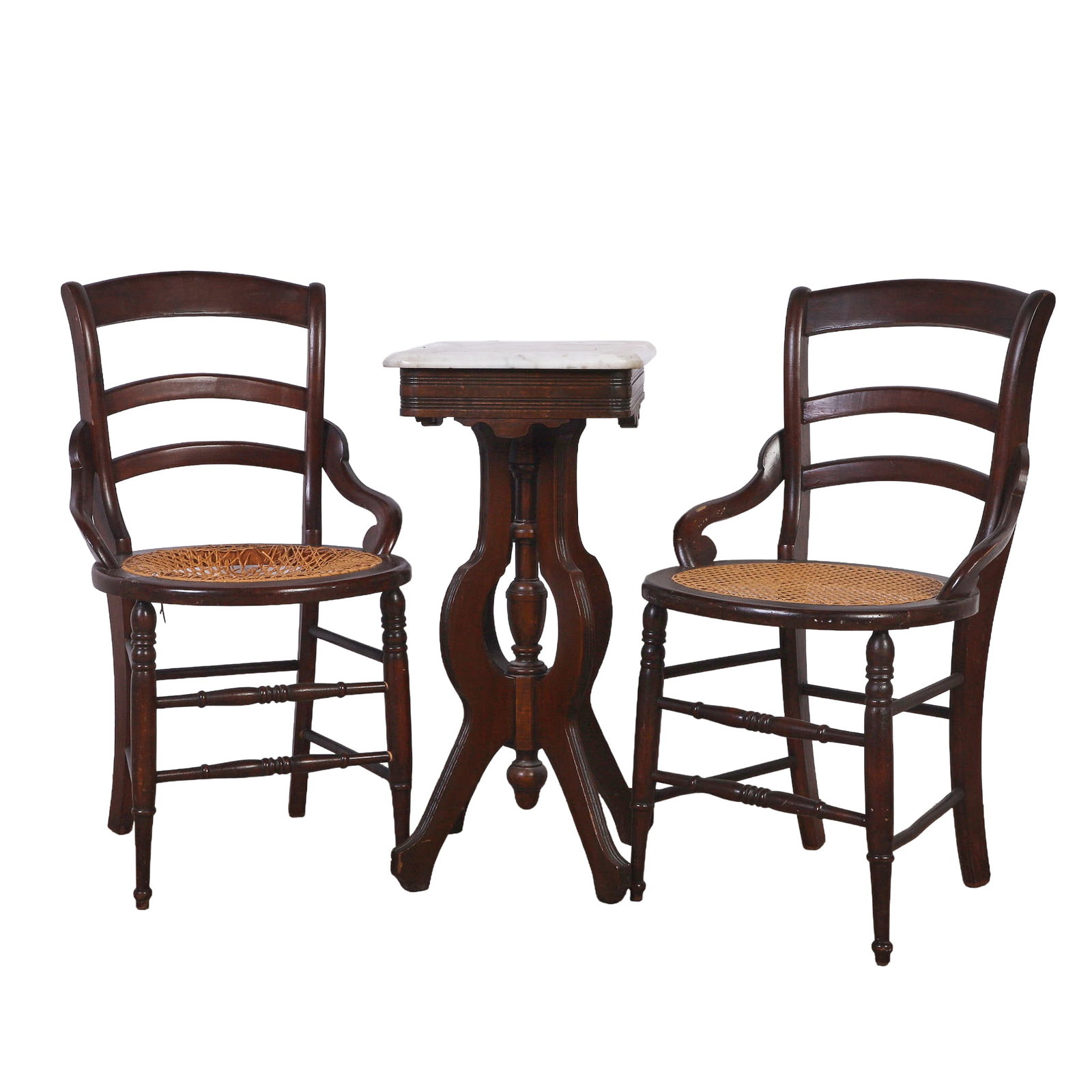 Victorian Suite of (2) Chairs and a Marble-Top Table: Victorian Suite of (2) Chairs and a Marble-Top Table (2) cane-seated chairs and a shaped leg table with a central turned column. Chairs, 32.5" H x 19" W x 18" D. Table, 29" H x 18" W x 13' D