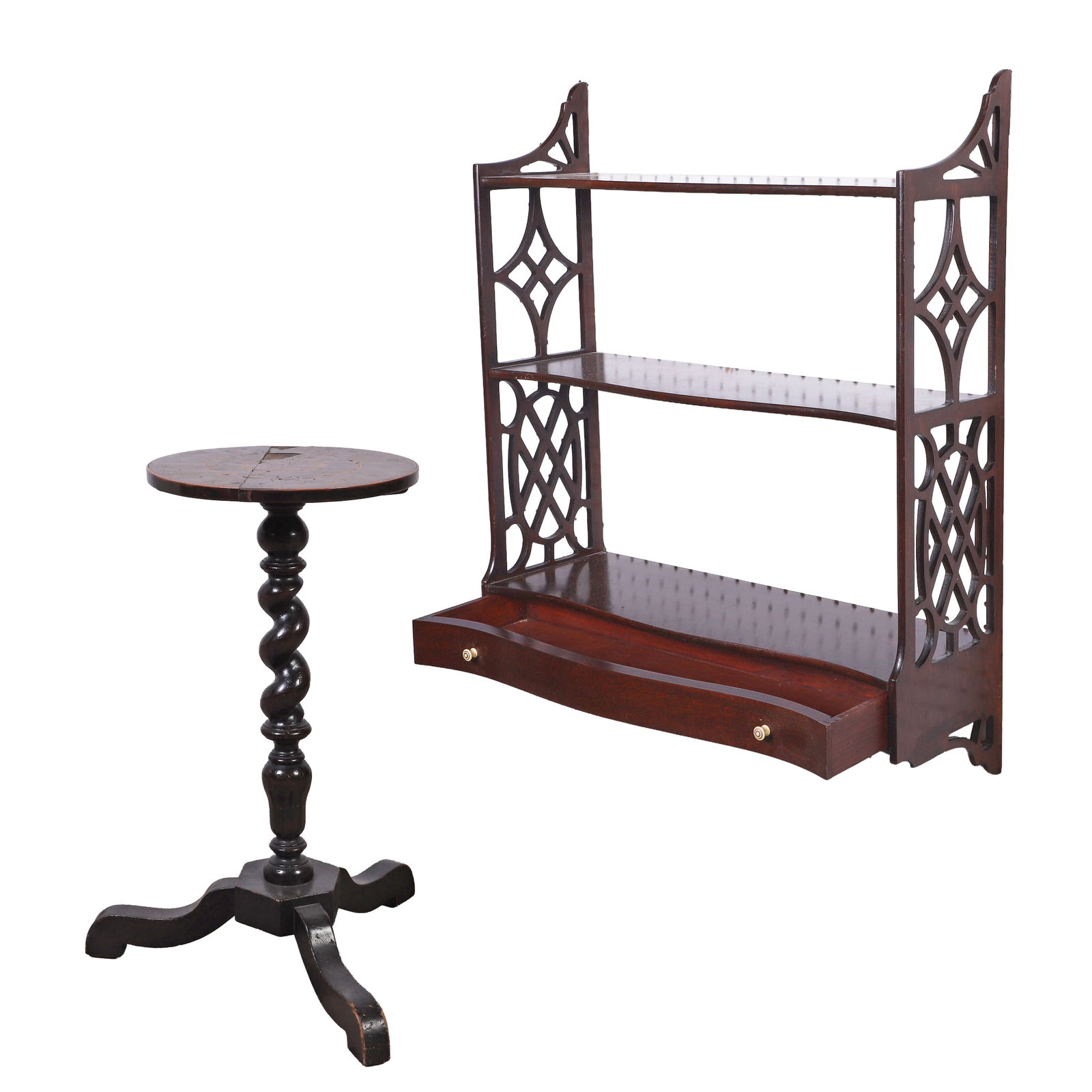Antique Oyster Veneer Table and Whatnot Shelf: Antique Oyster Veneer Table and Whatnot Shelf An antique tripod barley twist candle stand or drinks table with early oyster veneer, 25.75" H on a 19" diameter base. And a vintage mahogany wall-hung wh
