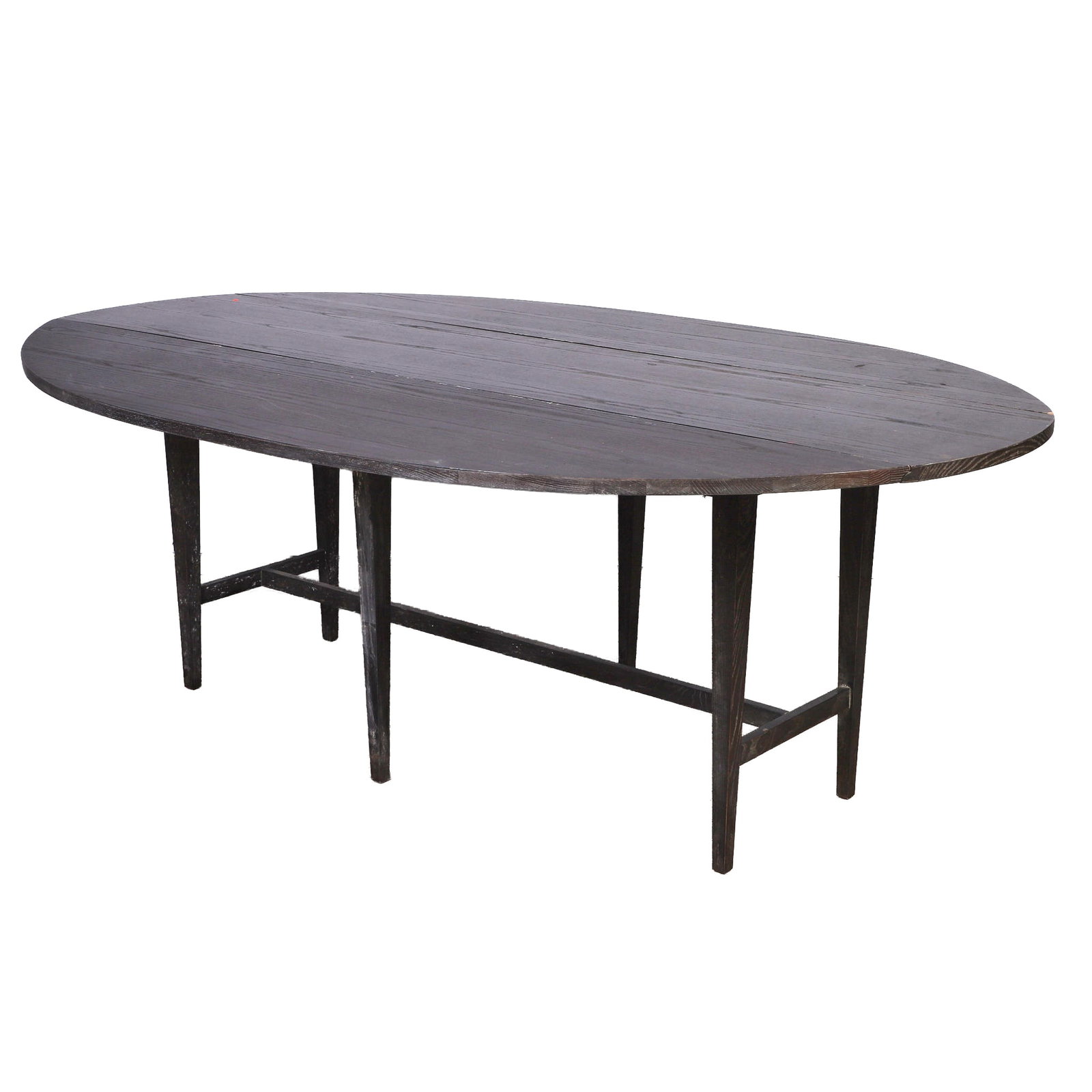 Contemporary Dark Stained Drop-Leaf Dining Table: Contemporary Dark Stained Drop-Leaf Dining Table Contemporary farmhouse style oval drop-leaf dining table, square legs joined by stretchers, 30" H x 53 1/2" W x 84" L. (some surface wear, scratches co