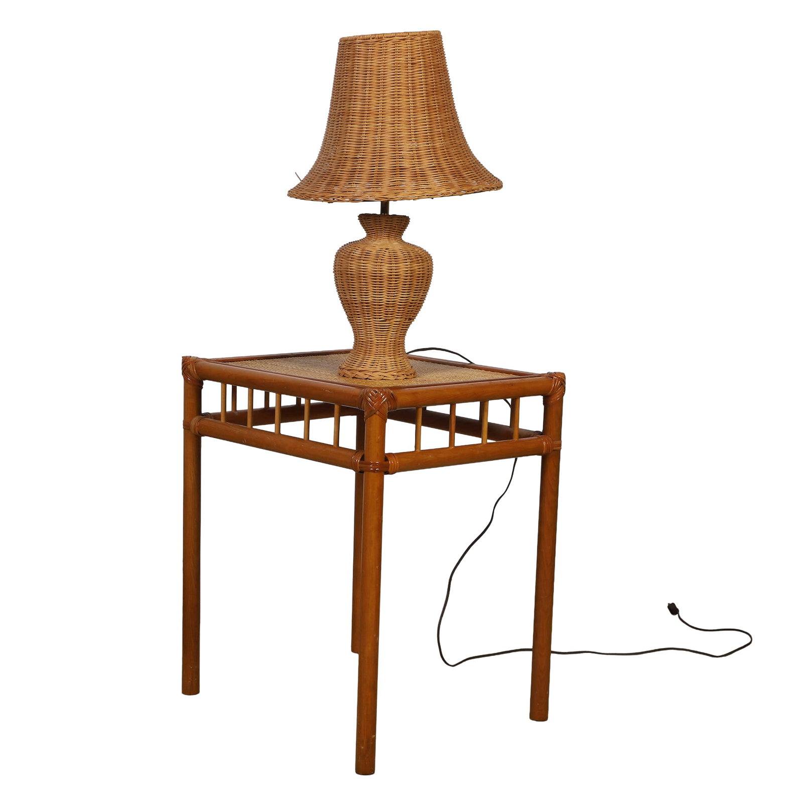 Wicker End Table & Lamp: Wicker End Table & Lamp Wood frame end table with wicker surface paired with a wicker body and shade lamp. Table 24 1/2"H x 20 3/4"W x 17 3/4"D, lamp 22 3/4"H x 14 1/2"W