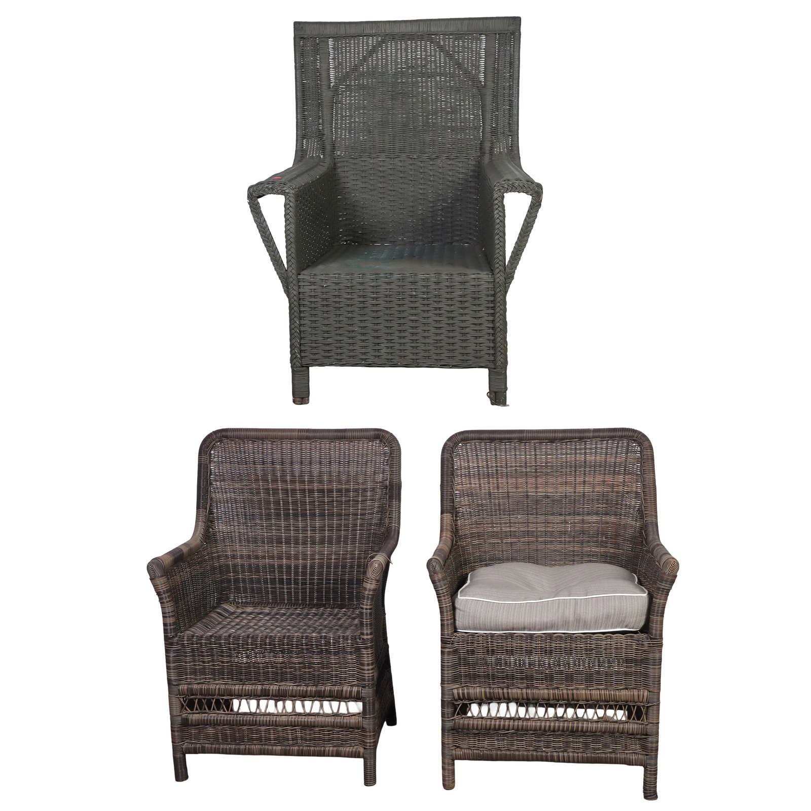 (3) Resin Wicker Outdoor Armchairs: (3) Resin Wicker Outdoor Armchairs (3) Resin wicker outdoor armchairs to include a matching pair in a brown woven finish (only one cushion) and a grey woven armchair (wear consistent with use and age)