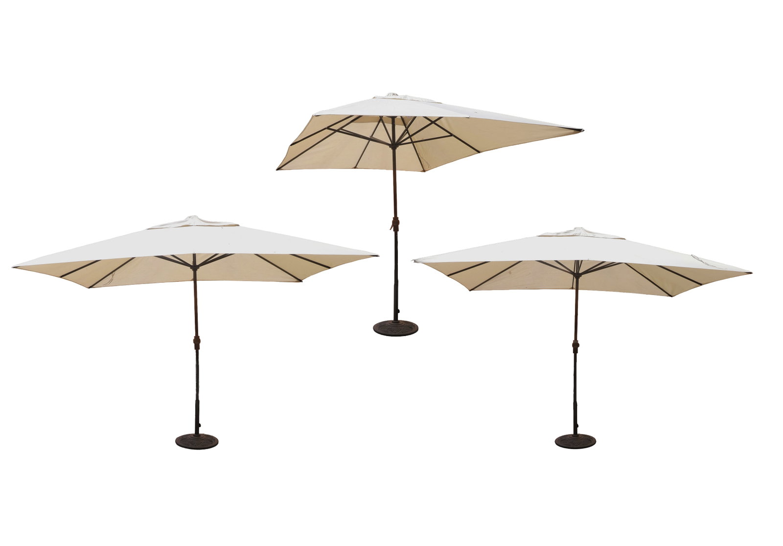 (3) Set of Patio Umbrellas with cast iron stands: (3) Set of Patio Umbrellas with cast iron stands (3) Patio umbrellas with cast iron stands, stands 23" H., umbrellas 10' H. (unopened).