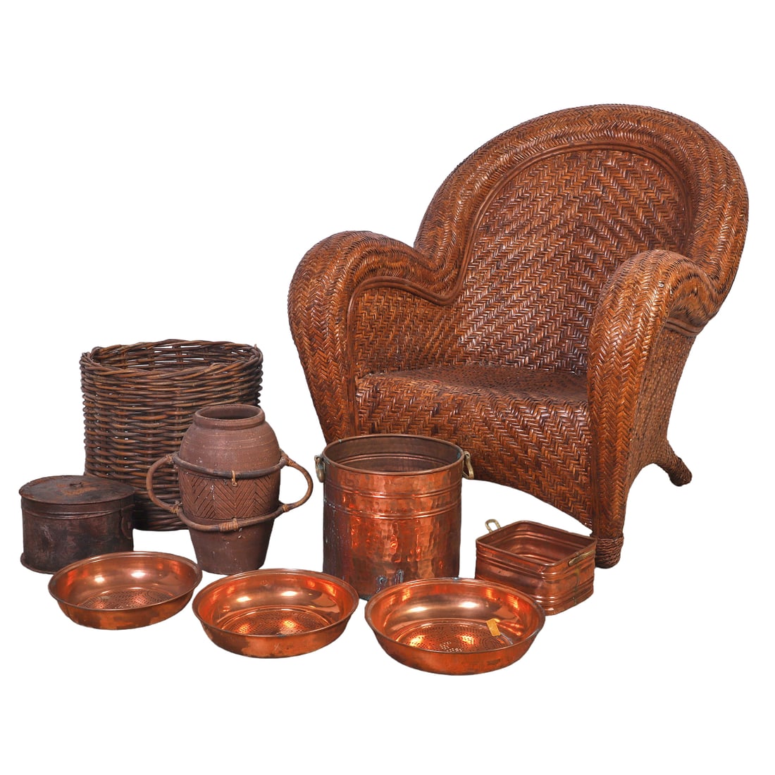 (9) Pottery Barn Malabar Rattan Chair & Accent Decor: (9) Pottery Barn Malabar Rattan Chair & Accent Decor Pottery Barn Malabar Rattan Chair, 36" H. x 30" W. x 23" D., together with wicker basket, pottery vessel, hammered copper planter and more, chair 3