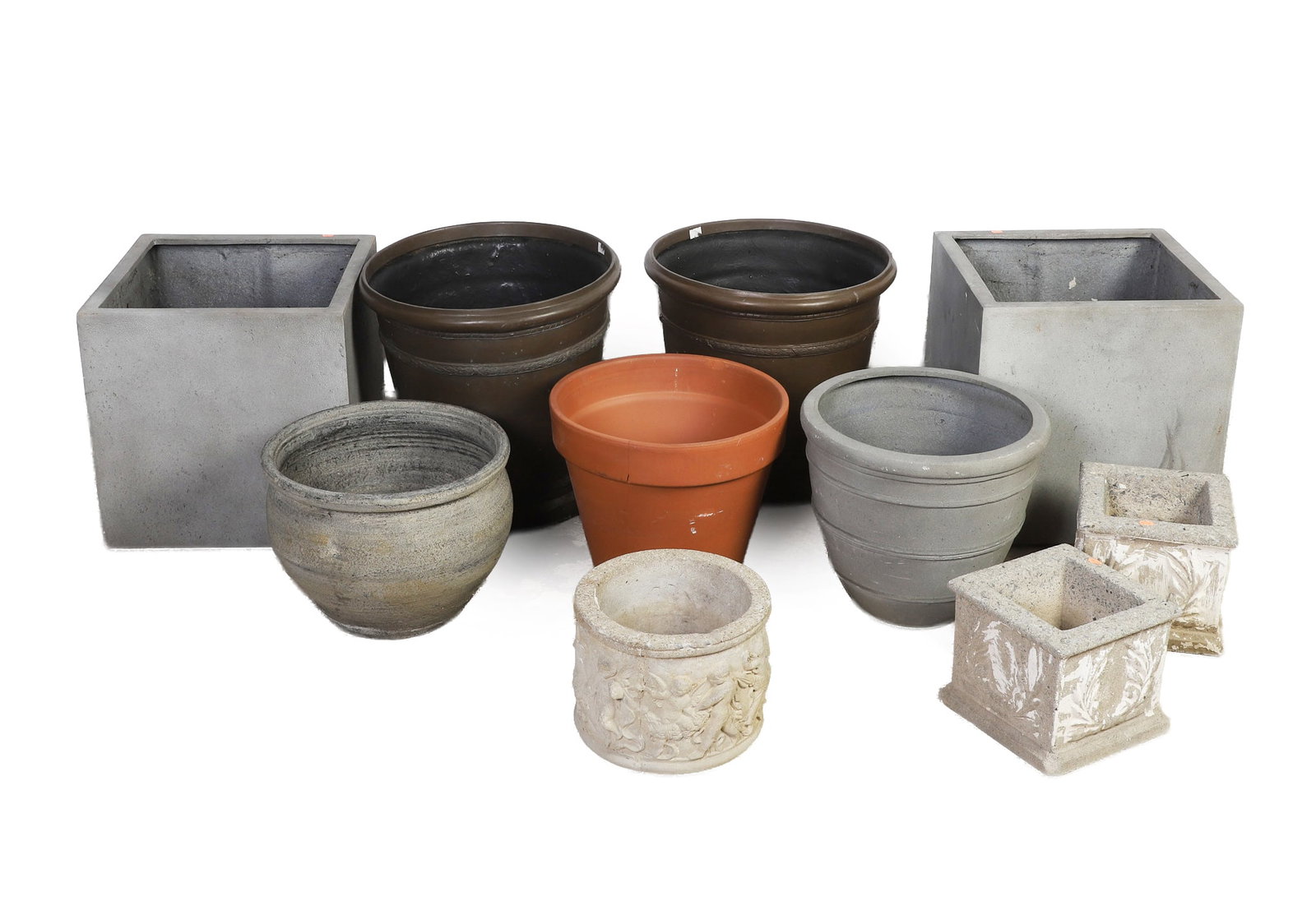 (10) Outdoor Planters Including Concrete and Terracotta: (10) Outdoor Planters Including Concrete and Terracotta (10) Outdoor Planters Including Pair of Square Concrete planters, figural concrete planter, terracotta planters, pr of contemporary square fiber