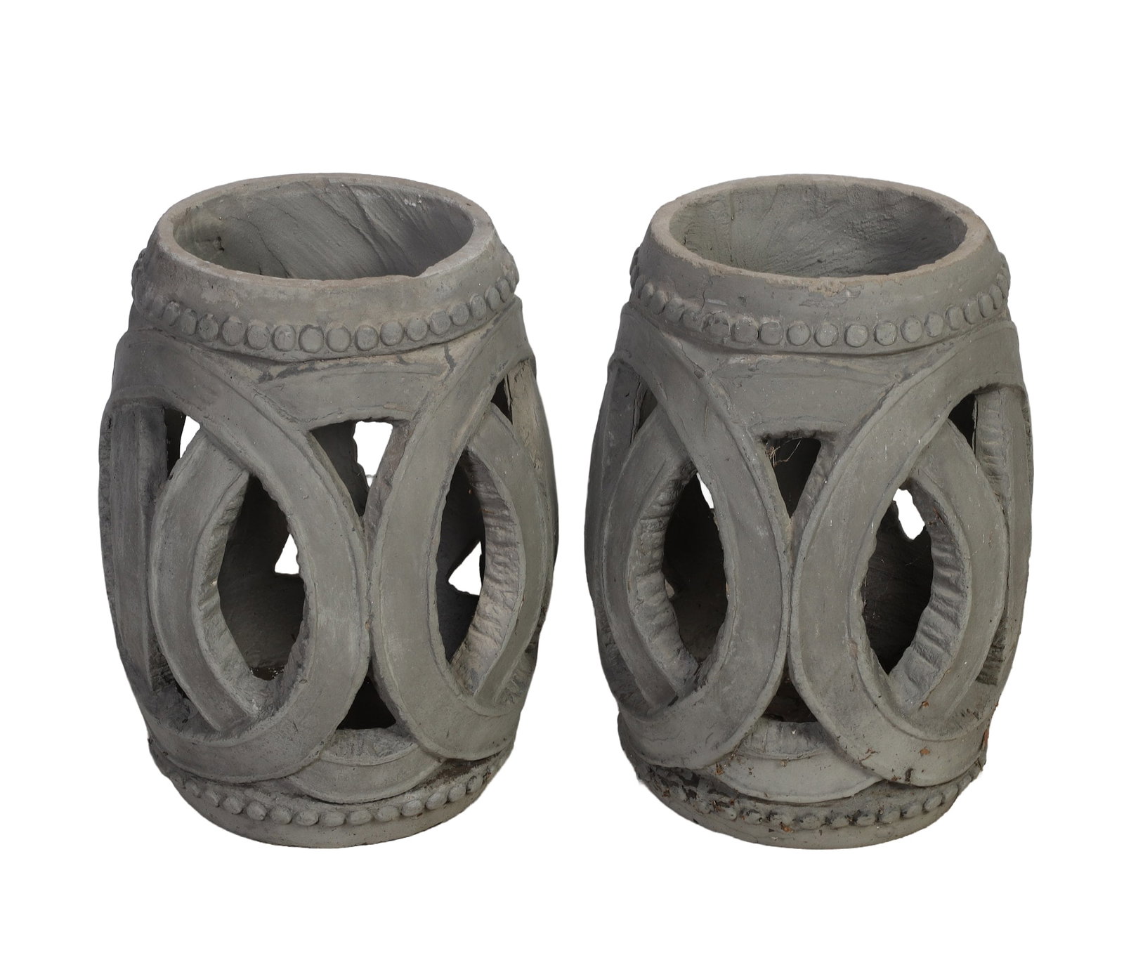 Pair Of Concrete Openwork Garden Planters: Pair Of Concrete Openwork Garden Planters Pair Of Concrete Openwork Garden Planters with pierced circular motif and beaded rim decoration, 21" H.