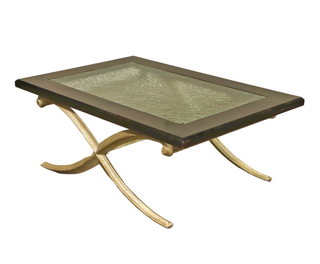 Contemporary Metal Glass Top Coffee Table: Contemporary Metal Glass Top Coffee Table Contemporary metal glass top coffee table, inset glass center with ebonized border, chrome painted metal x-base, 19-1/2"h x 54"w x 30"d
