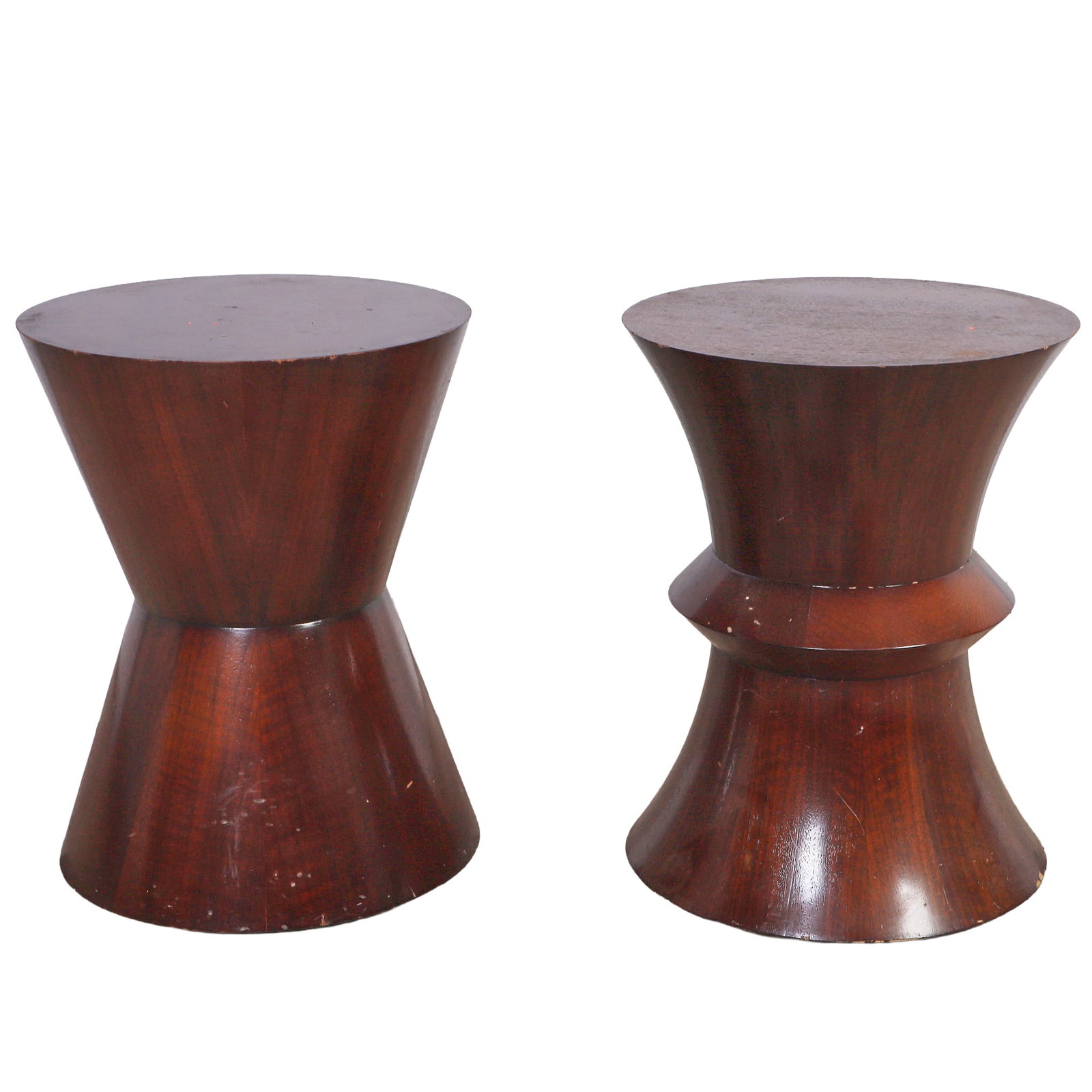 Complementary Pair of Hourglass Side Tables, Bolier & Company by Decca: Complementary Pair of Hourglass Side Tables, Bolier & Company by Decca Contemporary Hourglass Side Tables with dark finish, maker's mark on bottom, 19" H.(wear consistent with age and use, some water 