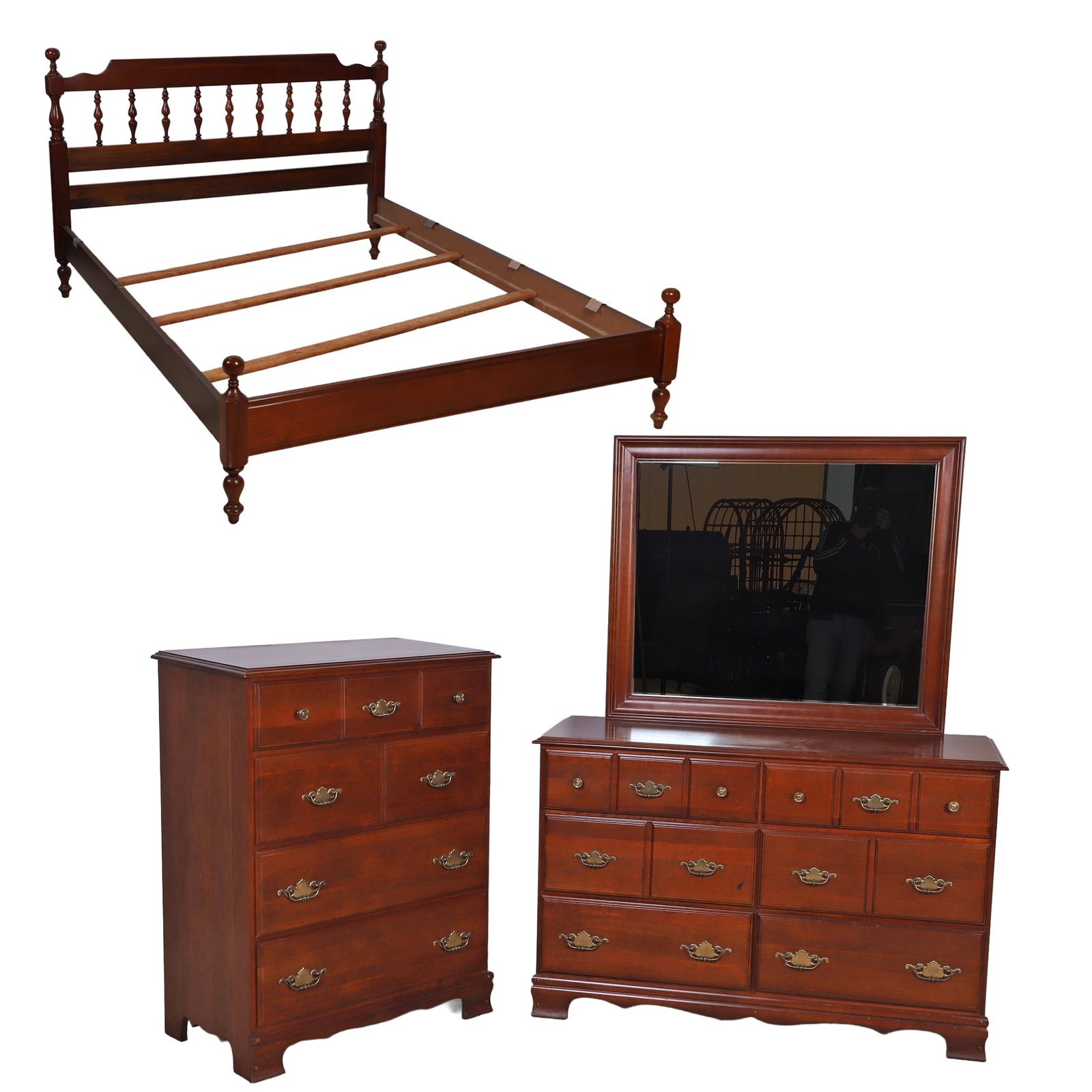 (3) Vintage Colonial Revival Bedroom Suite.: (3) Vintage Colonial Revival Bedroom Suite. Comprised of a Chippendale style four-drawer chest made to look like a 3,2,2 chest; a dresser with mirror, and a full-size spindle bed. Size: various,
