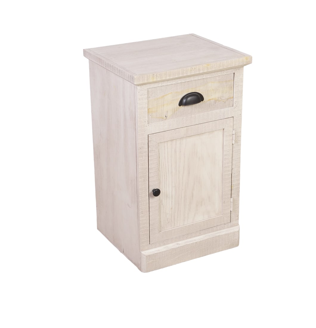 Rustic Farmhouse Style Nightstand: Rustic Farmhouse Style Nightstand Rustic Farmhouse Style Nightstand with single drawer over a door, distressed cerused wood finish with black hardware.