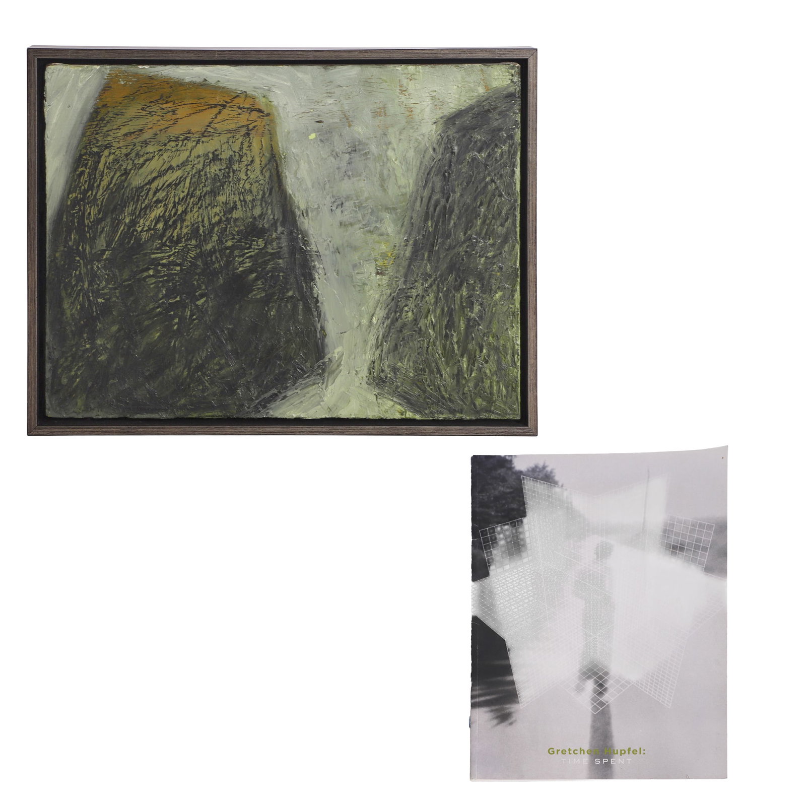 Gretchen Hupfel (Delaware, 20th C) Painting, Monograph: Gretchen Hupfel (Delaware, 20th C) Painting, Monograph Titled: "Huge." A modernist abstract composition relaying plenty of inward and outward tension. Oil on canvas. Paper label affixed on the