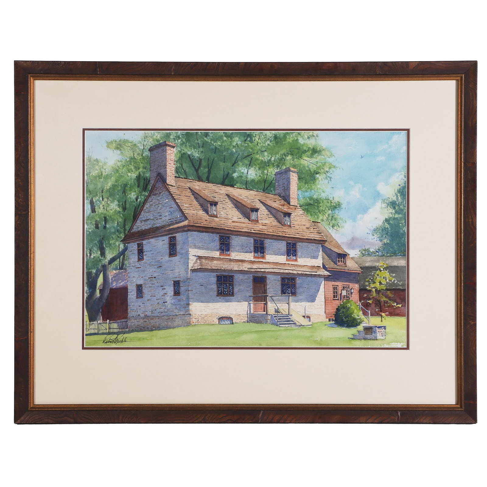 Robert Nickle (Delaware, 20th C) Watercolor, Stone Homestead: Robert Nickle (Delaware, 20th C) Watercolor, Stone Homestead Regionalism watercolor painting. Framed under glass. Elm wood frame. Signed in the lower left corner. 13.5" H x 20" W, sight, 23" H x 29" W