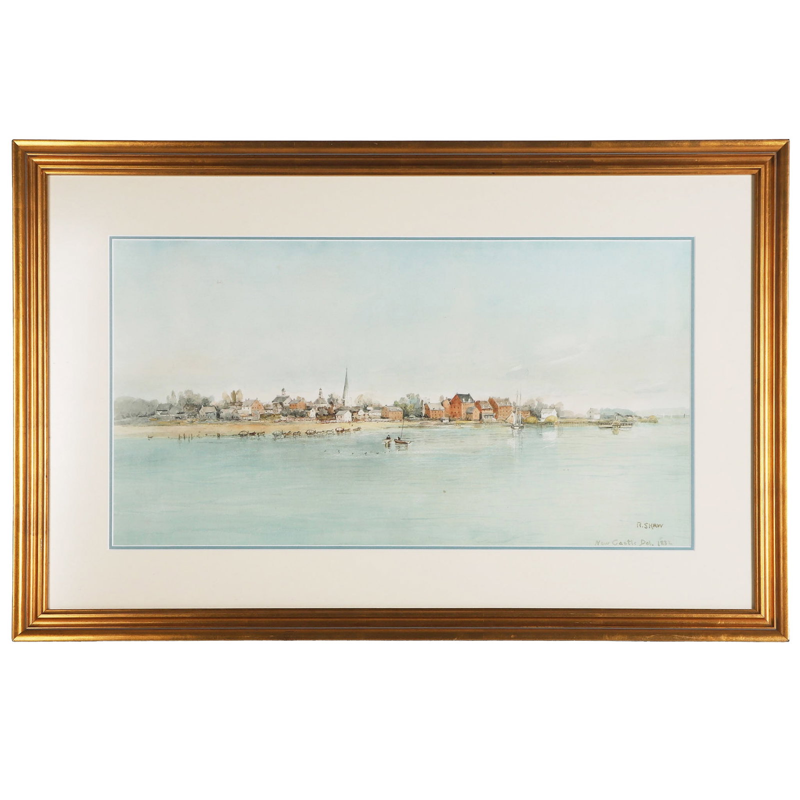 Print after Robert Shaw, New Castle, Delaware, 1832: Print after Robert Shaw, New Castle, Delaware, 1832 Magnificent print after Delaware artist Robert Shaw of a vista on approach to 19th-century New Castle. Framed under glass. 14.25" H x 27.5" W,