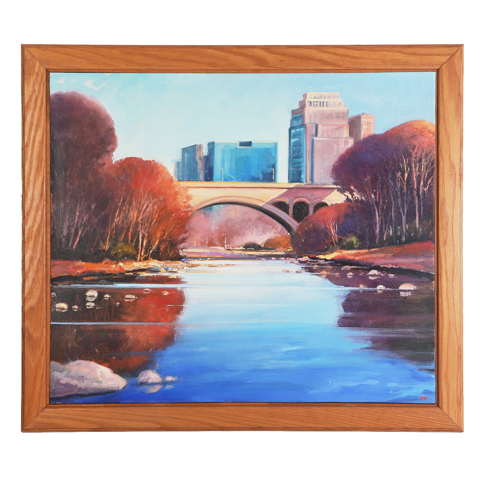 Chris Nissen (American, b.1949) Delaware Valley Regionalist Painting: Chris Nissen (American, b.1949) Delaware Valley Regionalist Painting Titled: "Late Fall" View of Wilmington, DE from the Brandywine River. Oil on linen. Initialed in the lower right corner and signed 