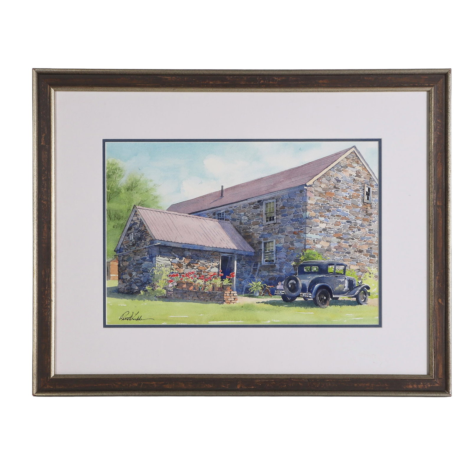Robert Nickle (Delaware, 20th C) Stone Homestead Watercolor: Robert Nickle (Delaware, 20th C) Stone Homestead Watercolor Regionalist watercolor composition with endearing fieldstone house and early automobile. Framed under glass. Signed in the lower left