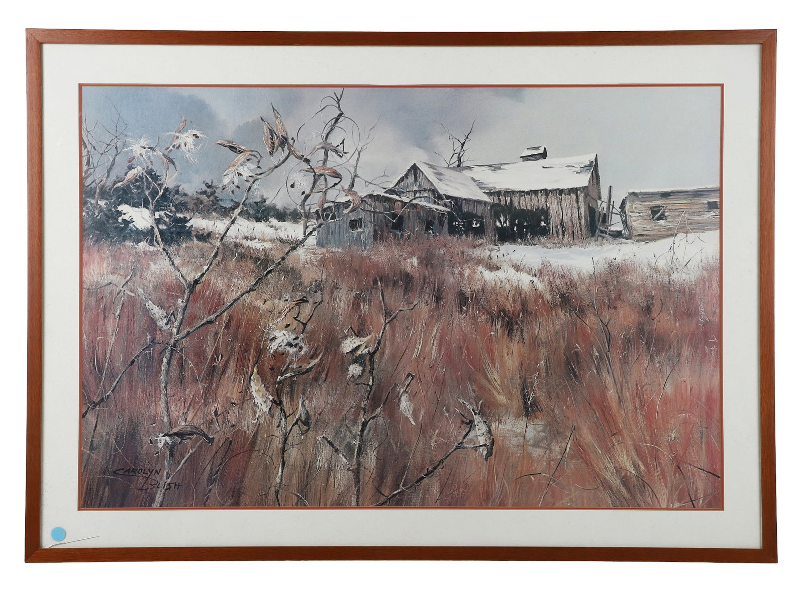 Carolyn Blish, Winter Farmstead Lithograph: Carolyn Blish, Winter Farmstead Lithograph Large-format lithograph of a snowy landscape with a barn in the background. Framed under glass. 23" H x 35" W, mat, 29" H x 41" W, frame.