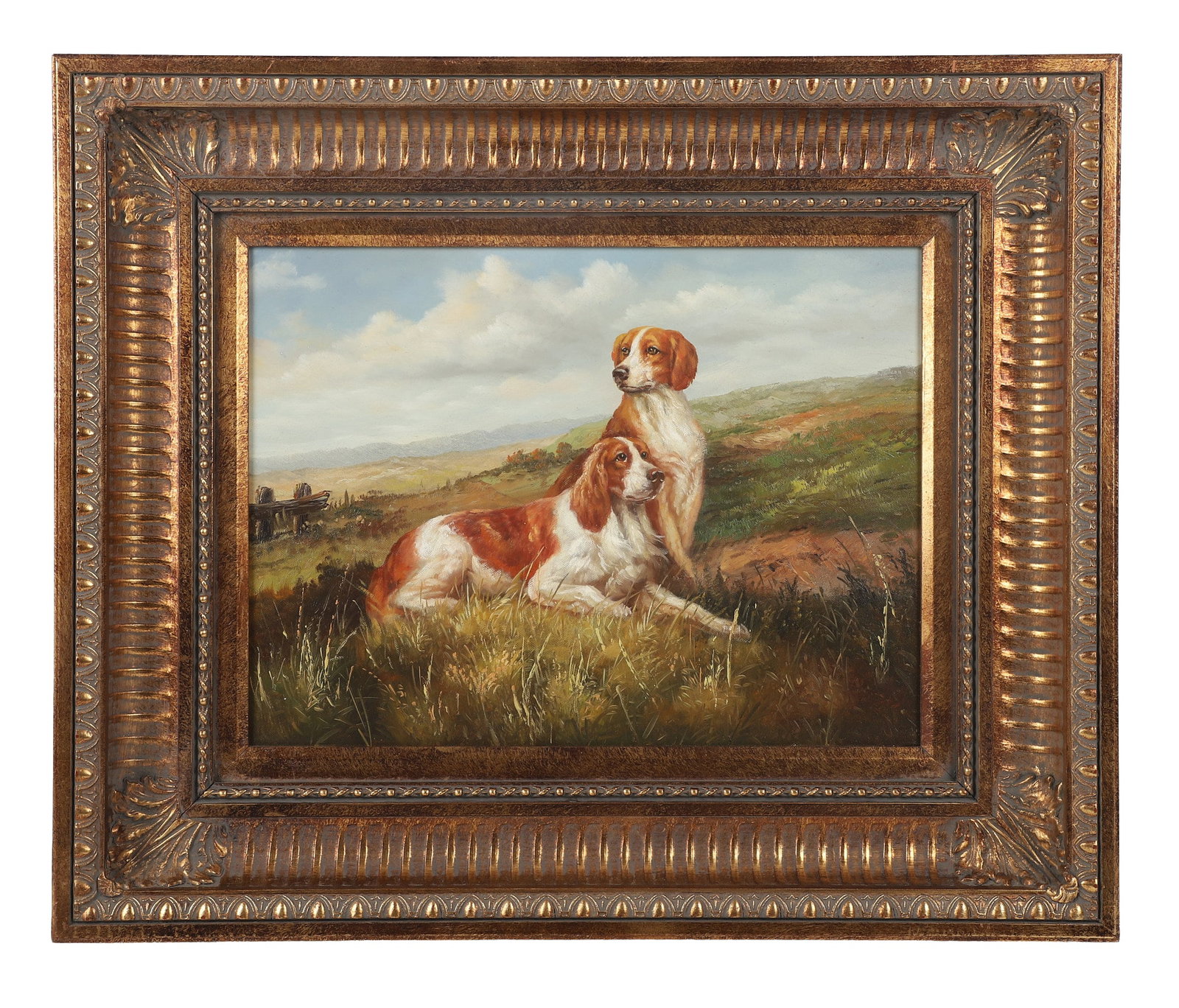 Decorative Giclee, Springer Spaniels Afield: Decorative Giclee, Springer Spaniels Afield Reproduction print on canvas after the antique. Composite frame. 11.5" H x 15.5" W, sight, 20" H x 24" W, frame.