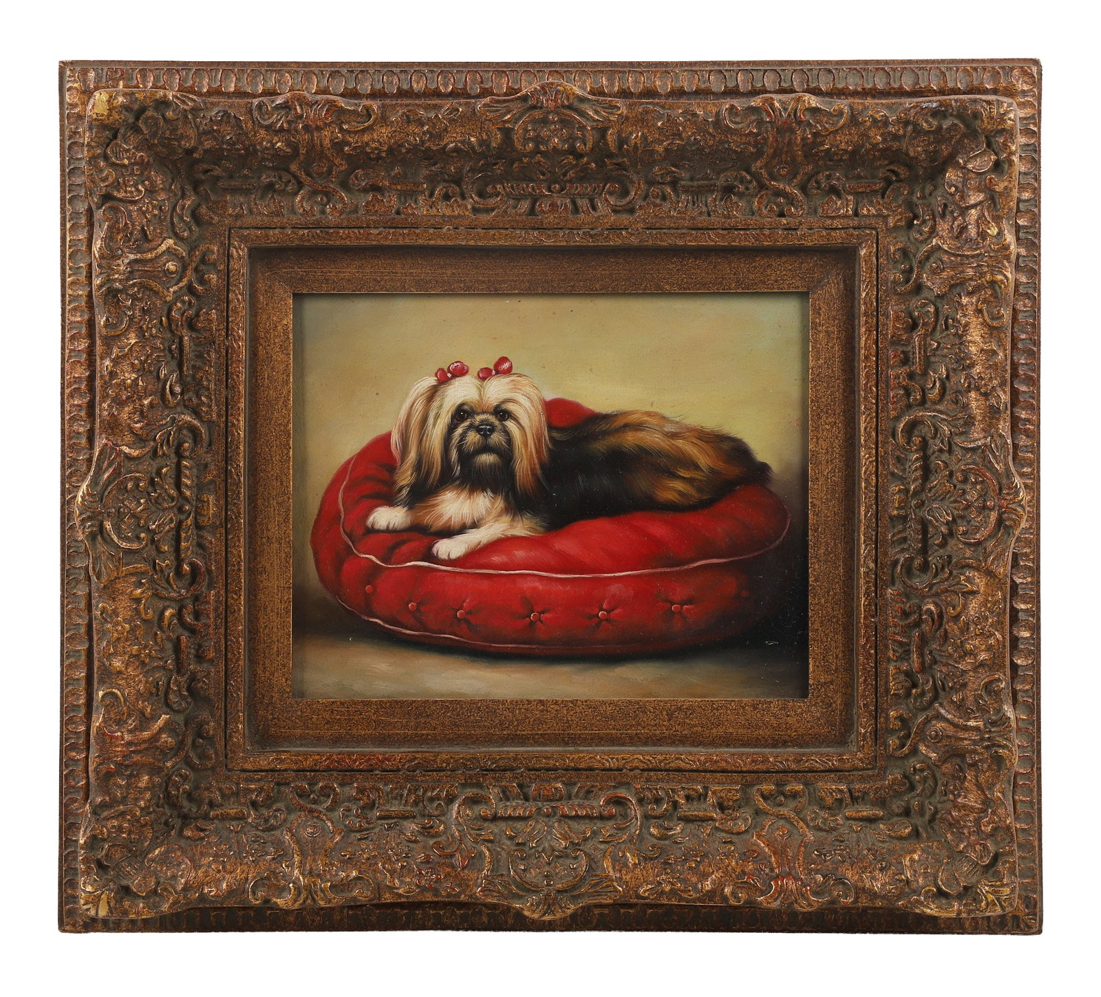 Decorative Gilded Frame Giclee, Prized Pekingese: Decorative Gilded Frame Giclee, Prized Pekingese An endearing portrait of a Pekingese poised on a pillow. Print on board. Size: 7.5" H x 9.5" W, sight, 16" H x 18" W, frame