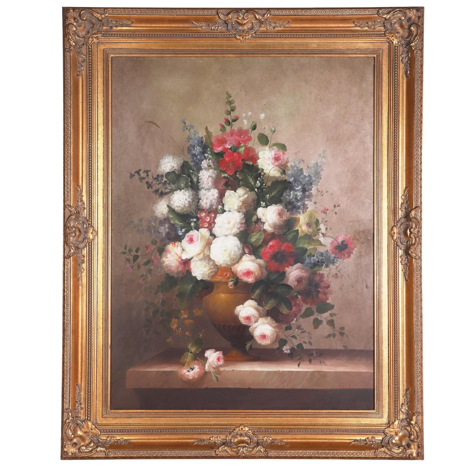 Decorative Dutch School Bouquet Giclee: Decorative Dutch School Bouquet Giclee A large-scale reproduction print on canvas after the antique. A vibrant bouquet still life. Composite frame. 39.5" H x 29.5" W, sight, 50.5" H x 40.5" W, frame.