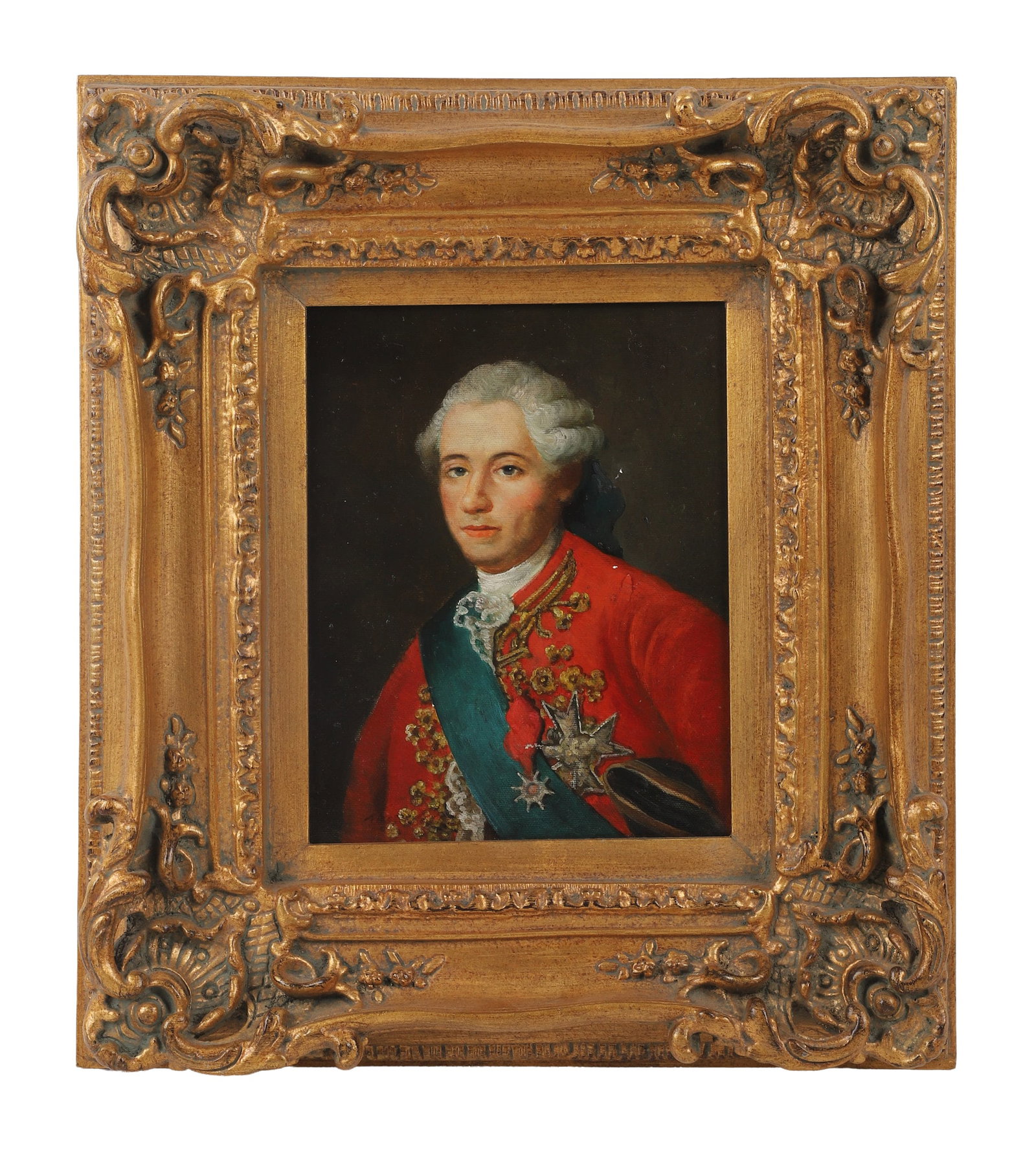 Decorative Giclee of King Louis XV of France: Decorative Giclee of King Louis XV of France Reproduction print on canvas after the antique. Composite gilded frame. 7.5" H x 7.5" W, sight, 17.75" H x 15.75" W, frame.
