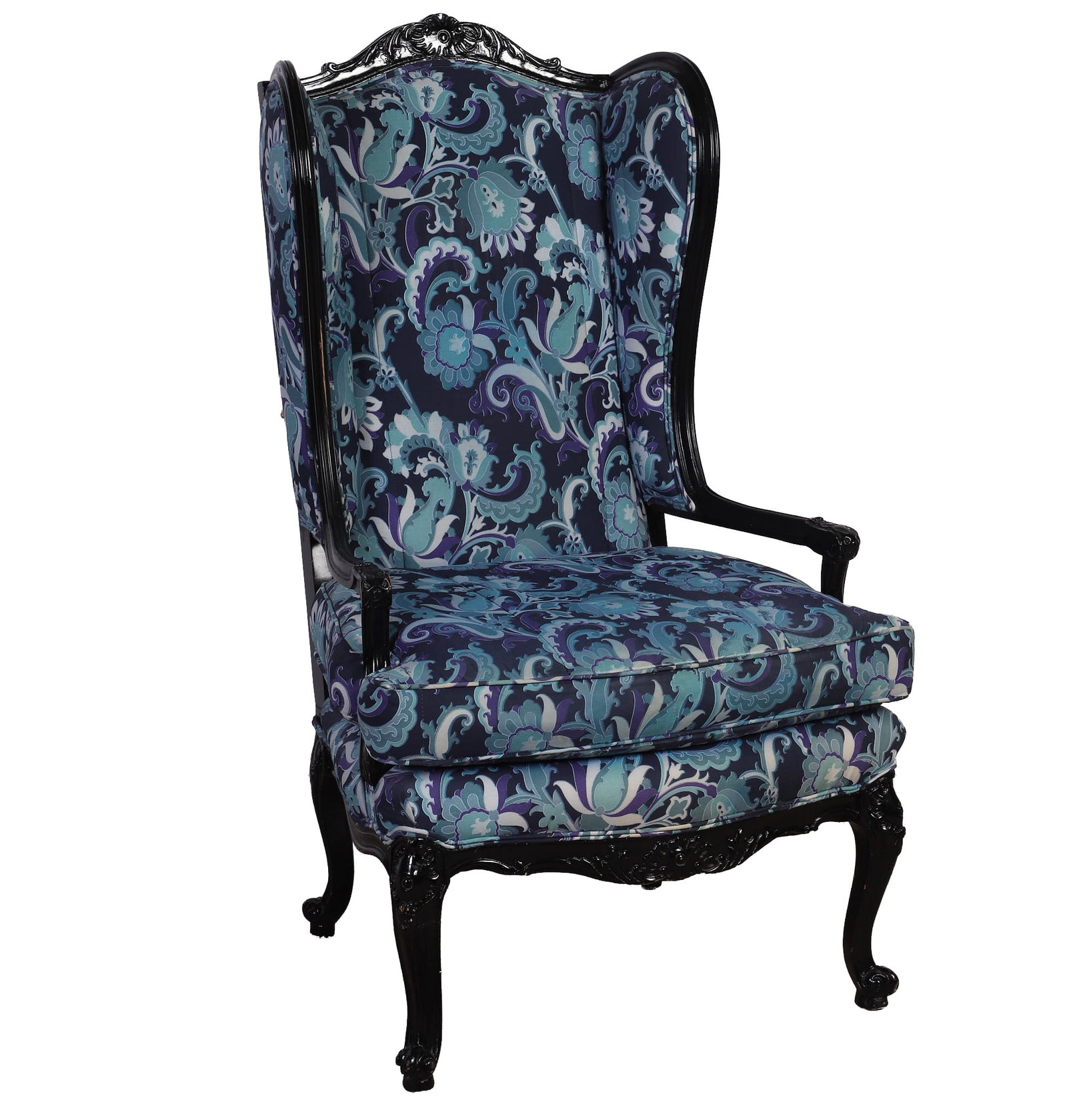 Modern Louis XV Style Bergere: Modern Louis XV Style Bergere Carved ebonized frame with modern floral upholstery. 45" H x 27" W x 26" D