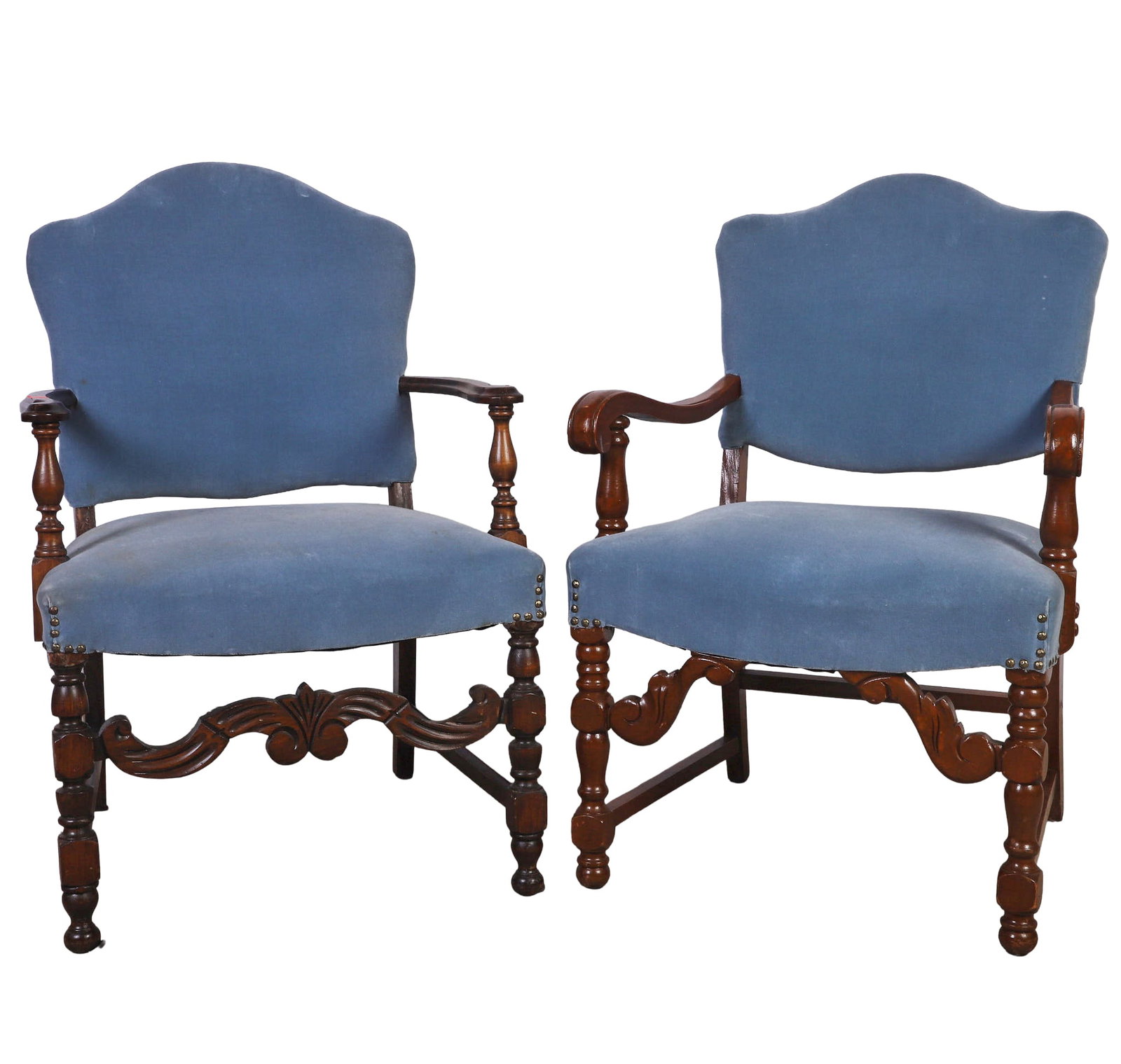 (2) Renaissance Revival Upholstered Armchairs: (2) Renaissance Revival Upholstered Armchairs A his-and-hers carved frame armchair suite. Each has turned legs, carved arms, and carved flourishes for aprons. 36" H x 24" W x 24" D
