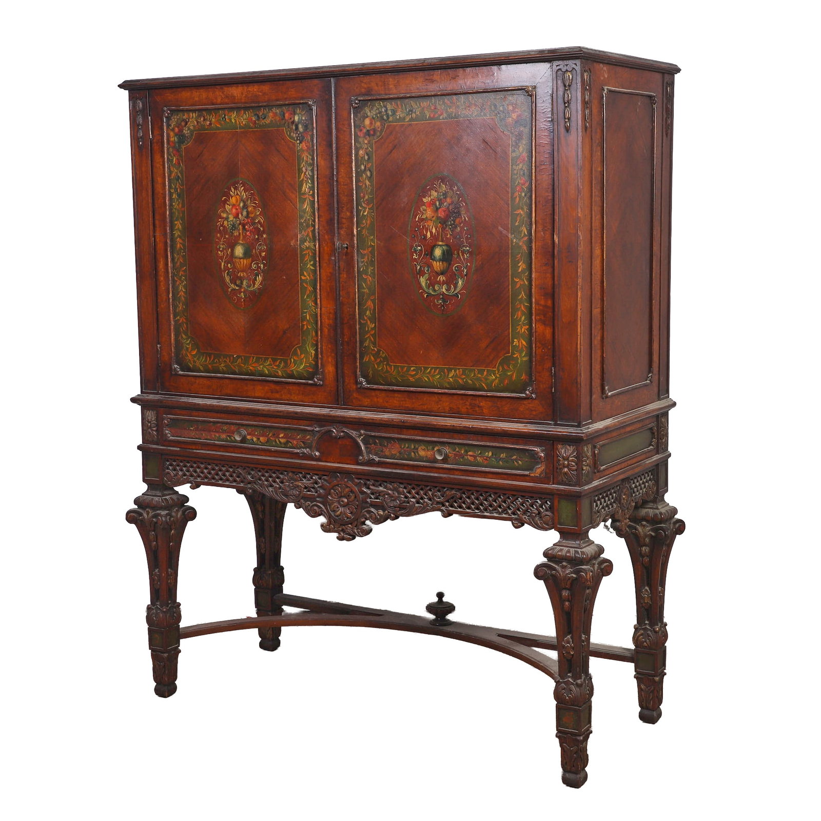 American Renaissance Revival Painted Walnut Cabinet: American Renaissance Revival Painted Walnut Cabinet 20th C American Renaissance Revival walnut cabinet, two door with hand painted floral and fruit urn decoration within foliate borders, two doors ope