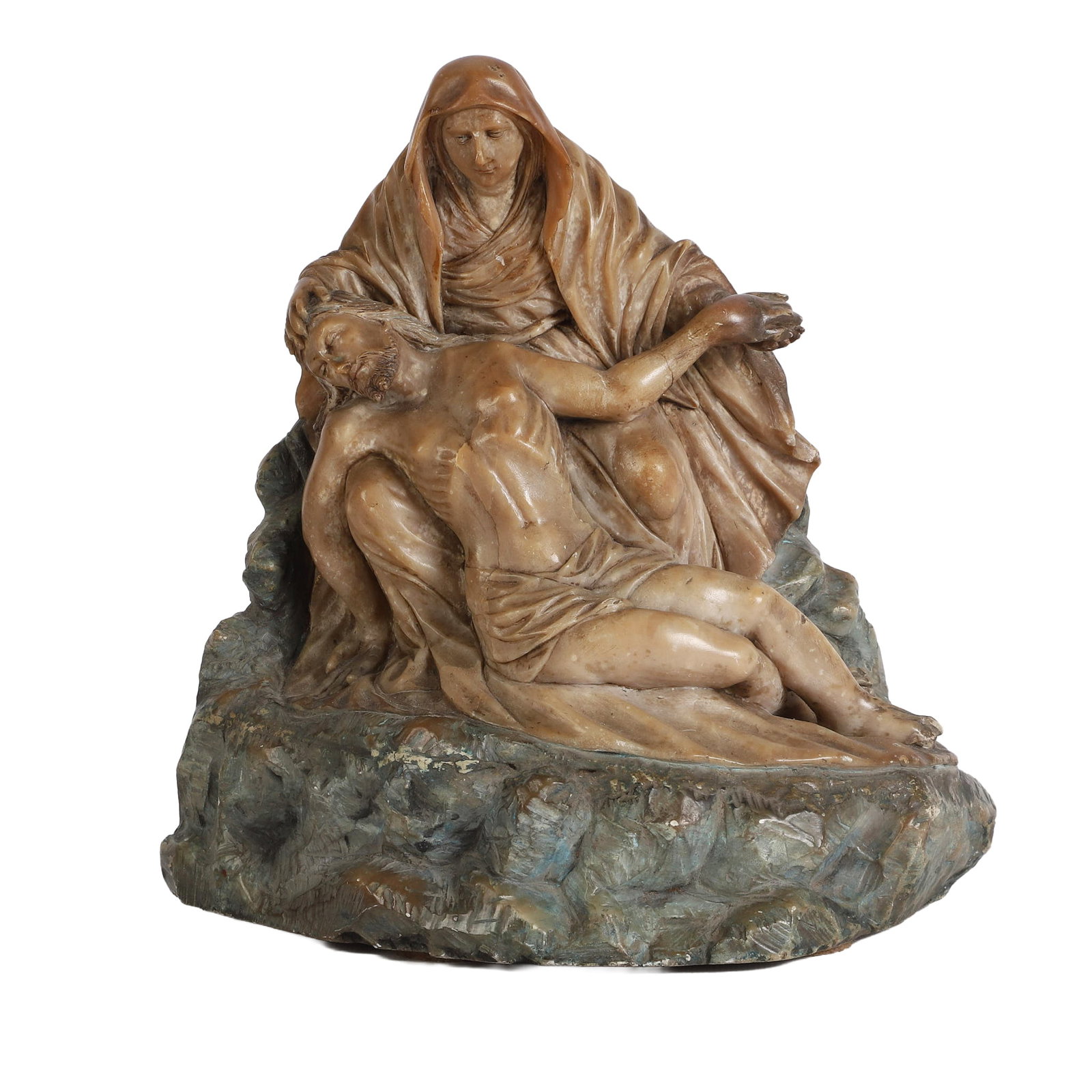 Hand Carved Soapstone Pieta: Hand Carved Soapstone Pieta Hand carved devotional 'Pieta' figure of Mary cradling her son Jesus in what is likely soapstone. No signature or makers mark, 8 3/4"H x 8 3/4"W x 5 3/4"D