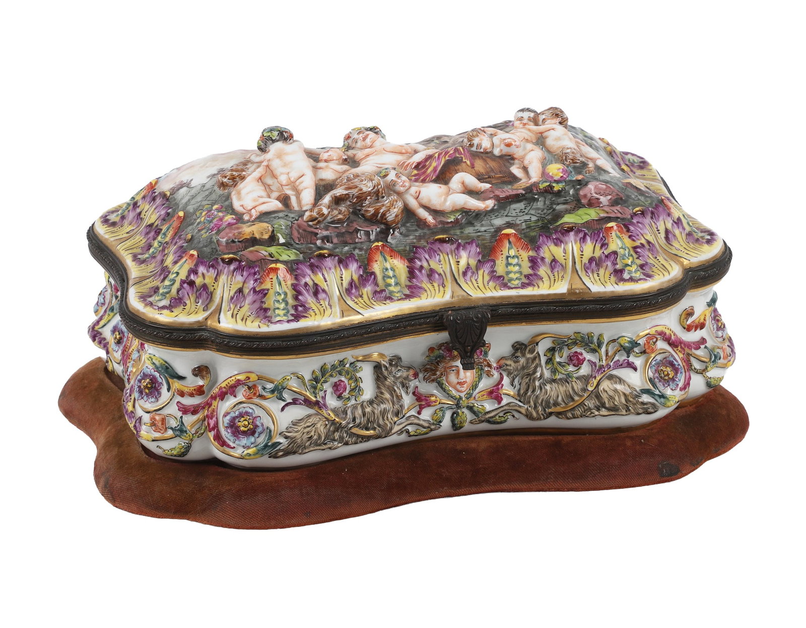 Capodimonte Porcelain Jewelry Casket: Capodimonte Porcelain Jewelry Casket Italian Capodimonte porcelain jewelry casket decorated with a joyous nature scene of cherubs & a satyr, portraits and goats decorating the sides. Makers mark at ba