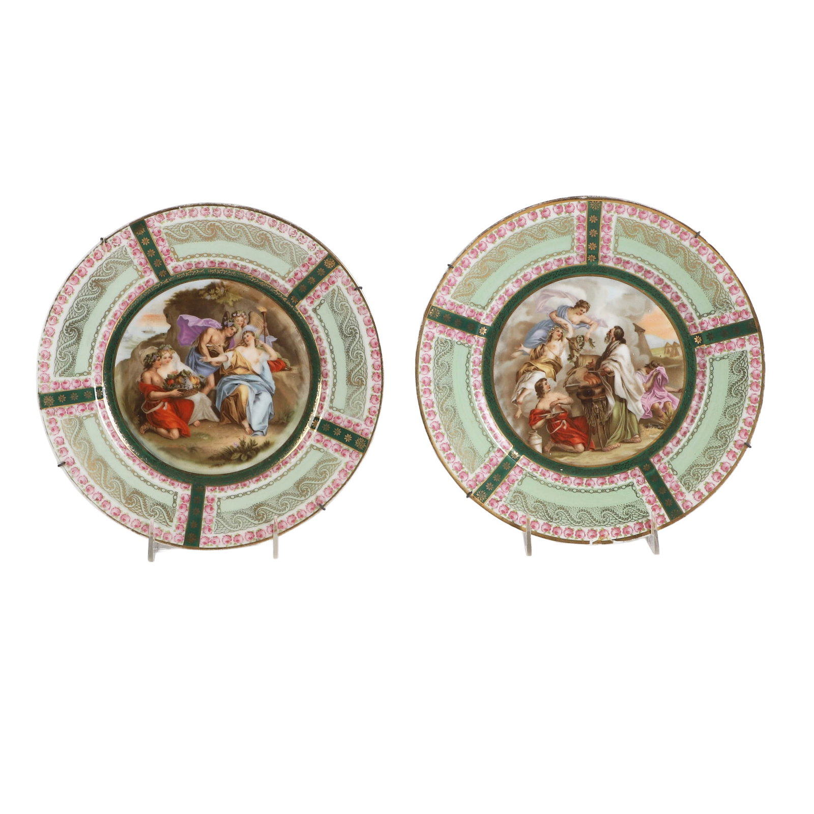 (2) Ginori Porcelain Wall-Hanging Plates: (2) Ginori Porcelain Wall-Hanging Plates (2) Pair of Italian Ginori porcelain wall-hanging plates, each with its own painted scene and rimmed in intricate gilt and floral patterns. Makers mark on back